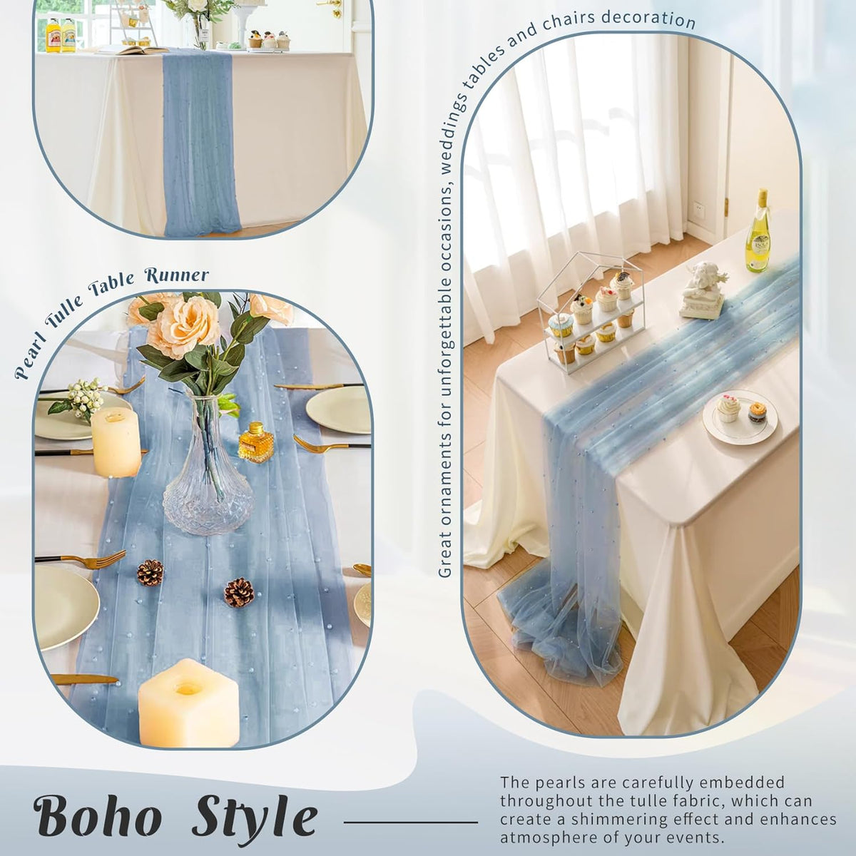 Set of 6 Pearl Table Runner 29 x 120 Inch Dusty Blue Tulle Fabric Lace Table Runners Boho Rustic