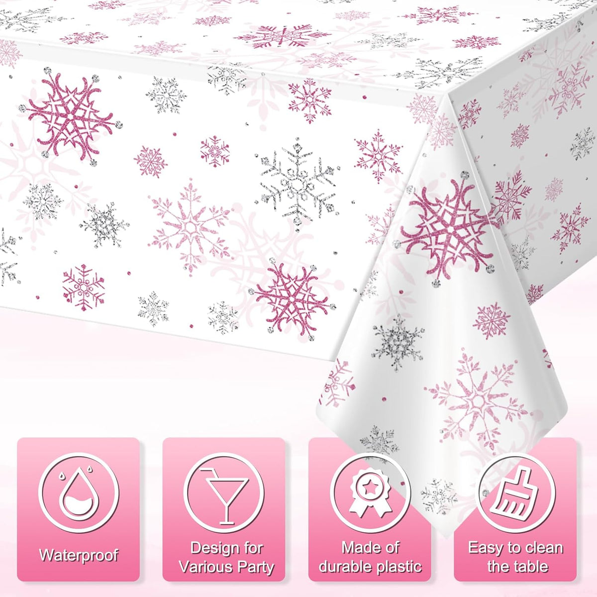 3 Pcs Christmas Snowflake Party Tablecloths Decorations,Plastic Pink Winter Onederland Rectangle