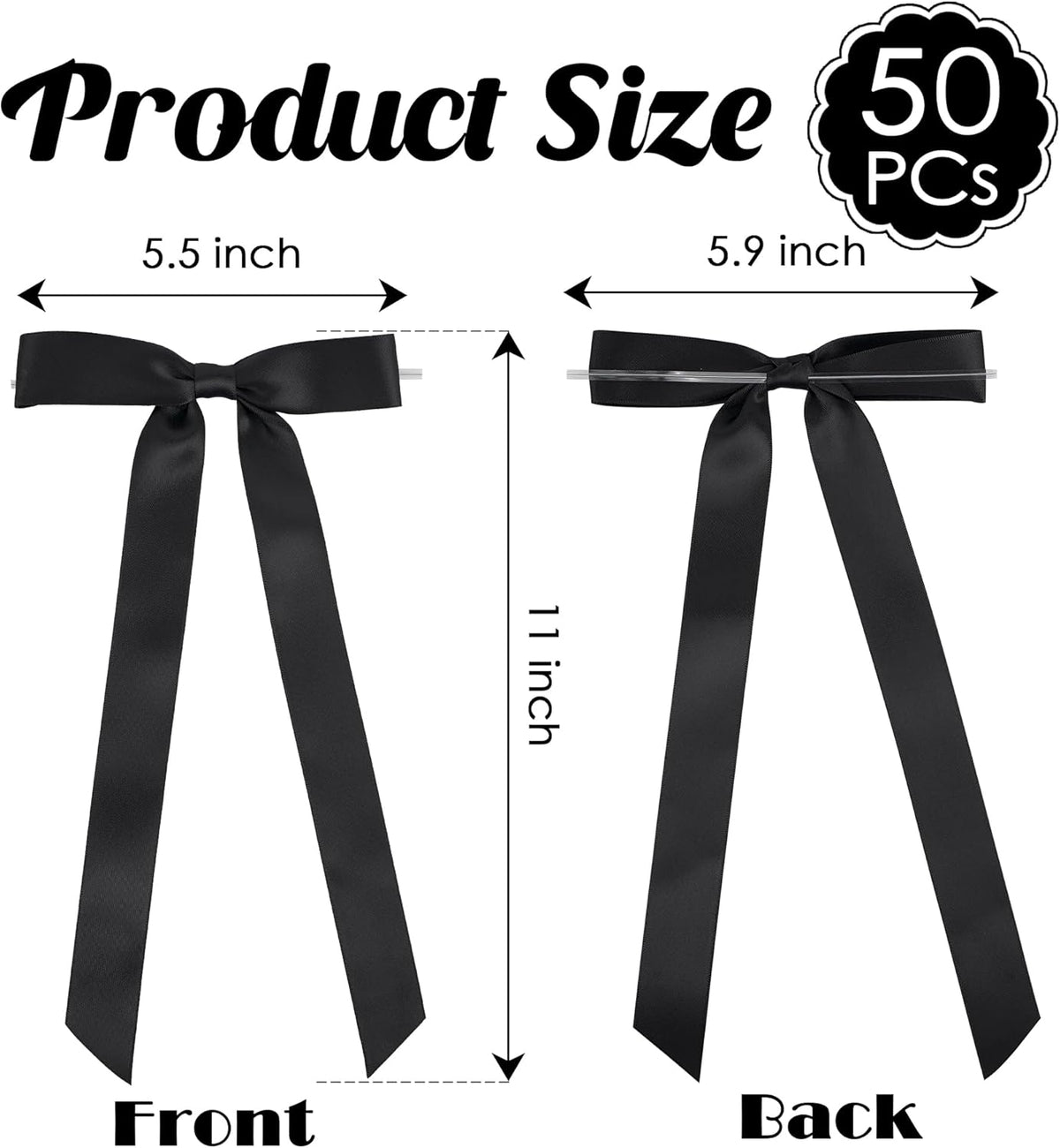 50 PCs Black Bow Decor 5.5'' Satin Bows with Long Tail, Twist Tie Bows for Craft, Packaging Ribbon