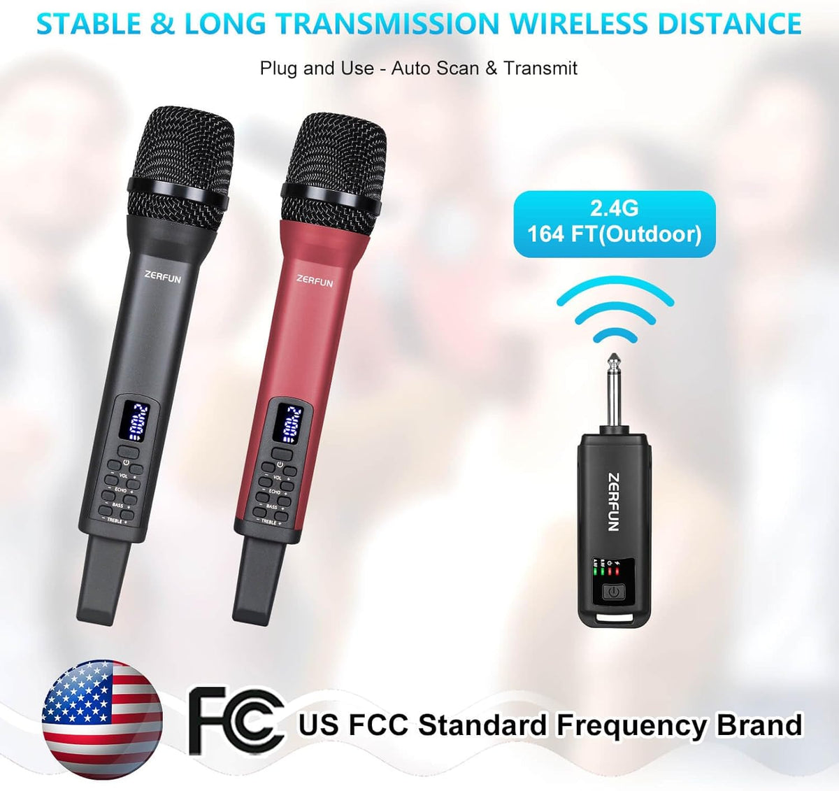 Dual Rechargeable Wireless Microphones, Pro Handheld Cordless Mics System with Echo Treble BASS VOL
