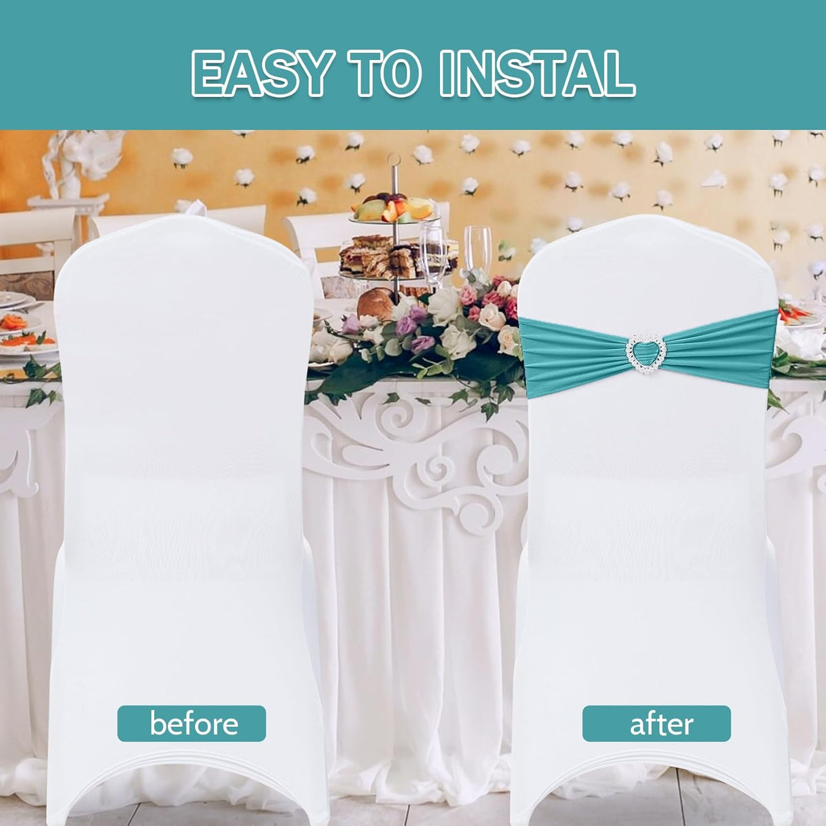 Howhic Pack of 60 Spandex Chair Sashes Bows Stretch Chair Cover Band with Buckle Slider Universal