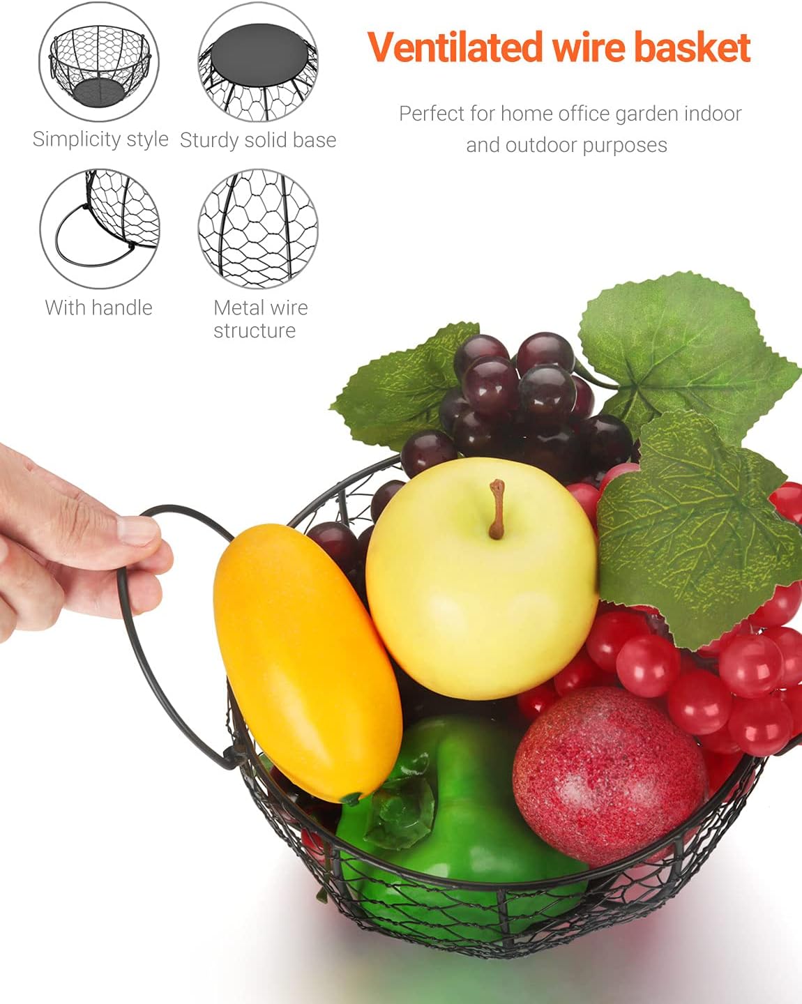 Round Wire Basket Black Fruit Basket Bowl Fruit Holder for Kitchen with Handle Black Home Storage
