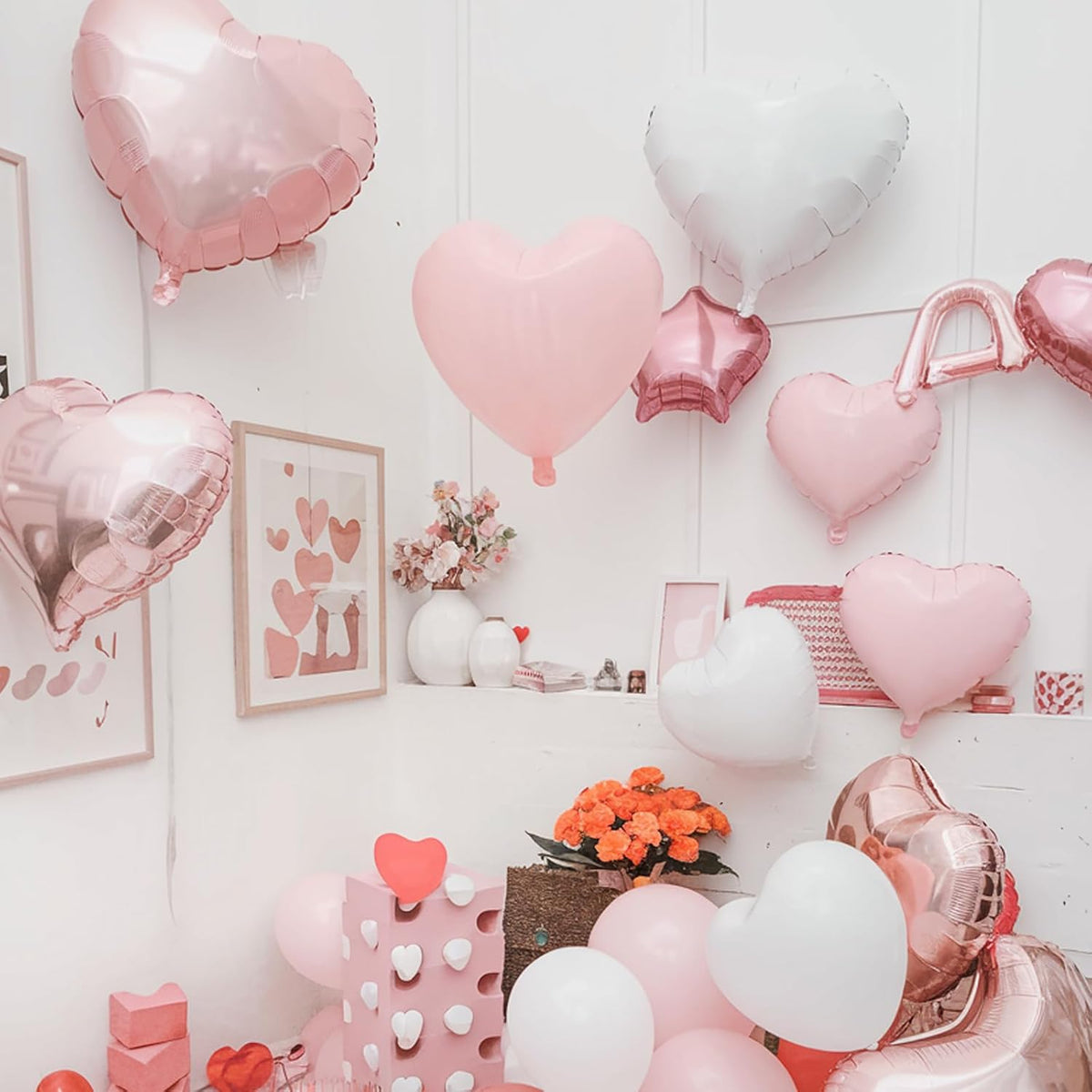Pink White Heart Balloons, 18 Inch Pink and Cream White Heart Shape Balloons, 12PCS White Sand