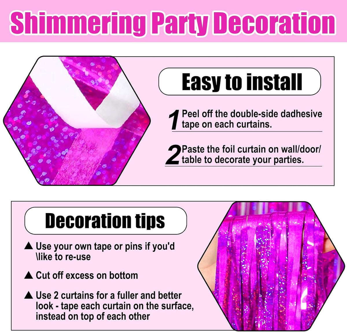 3 Pack Rose Red Foil Fringe Curtain Backdrop, 3.28Ft x 8.2Ft Metallic Tinsel Foil Fringe Streamer