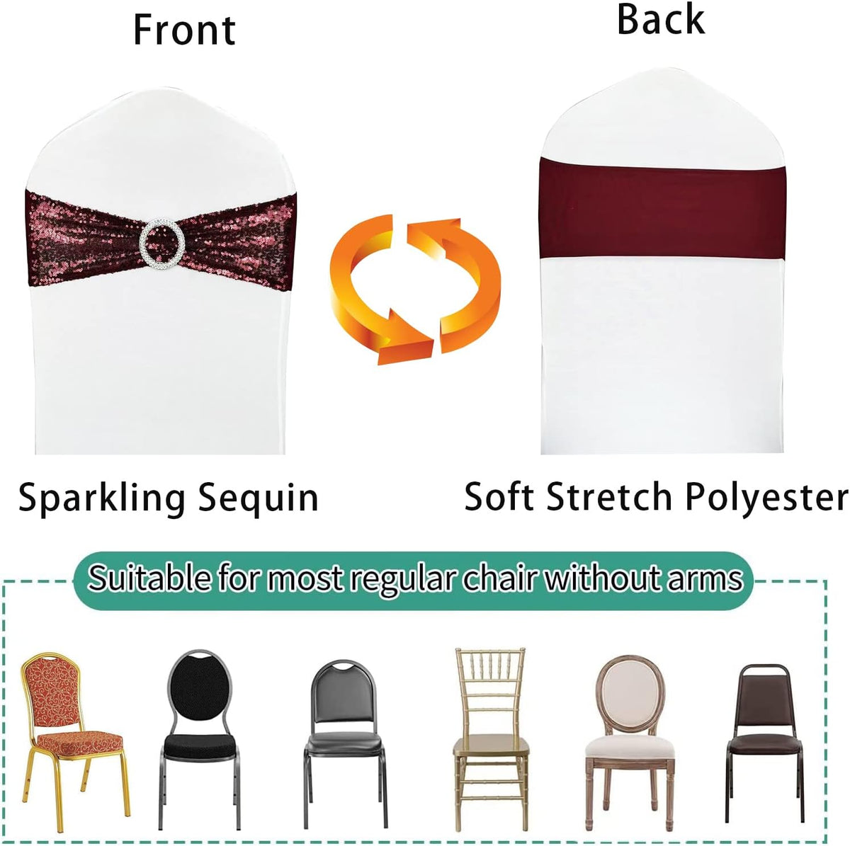 10 Pcs Sequin Chair Sashes Stretch Chair Bands Spandex Polyester Bows for Party Hotel Wedding