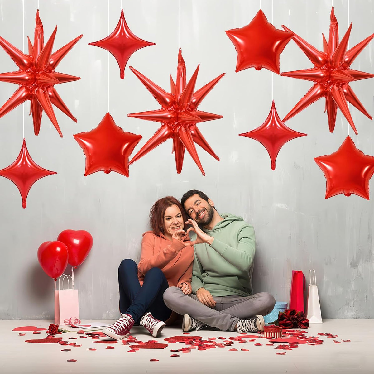 Red Star Balloons, 22in Large Star Balloons Foil 10in 4-Pointed & Red Pentagram Balloon for