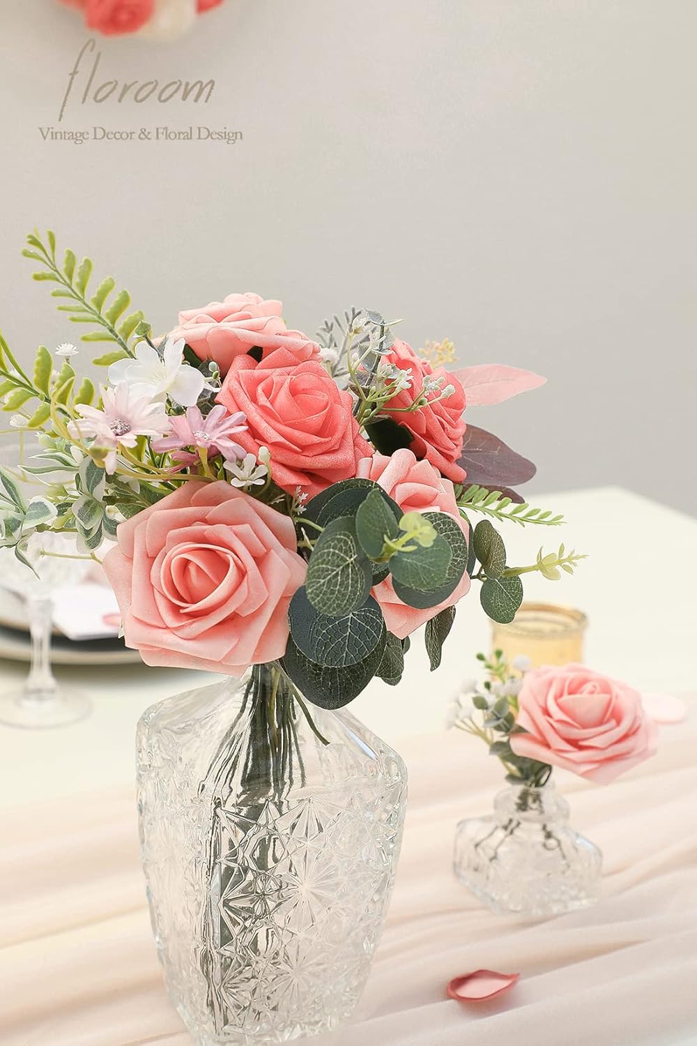 Floroom Artificial Flowers 50pcs Real Looking Mixed Living Coral Foam Fake Roses with Stems for DIY