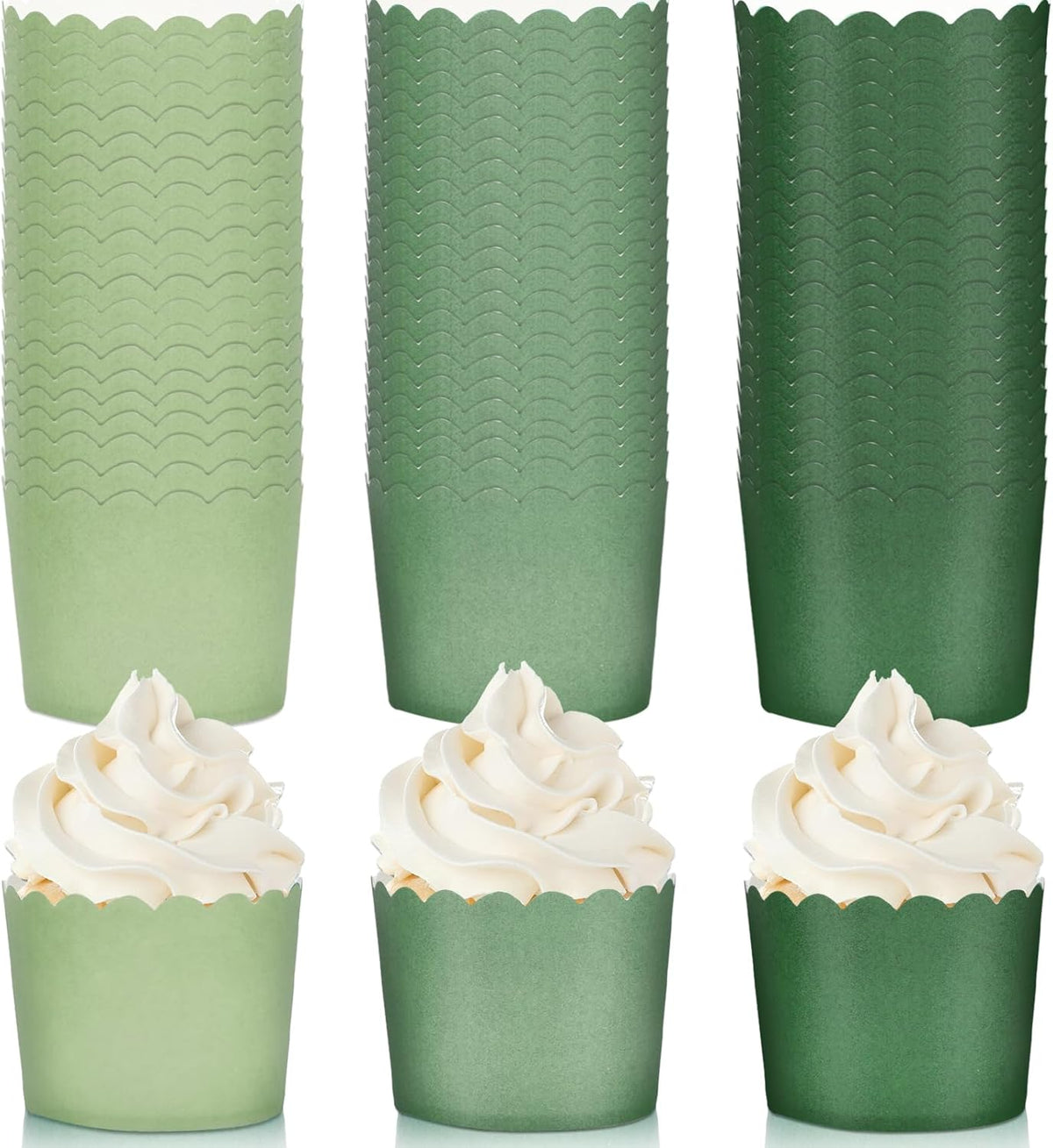 Whaline 120Pcs Sage Green Paper Baking Cups Scalloped Edge Cupcake Wrappers Gradient Green Cupcake