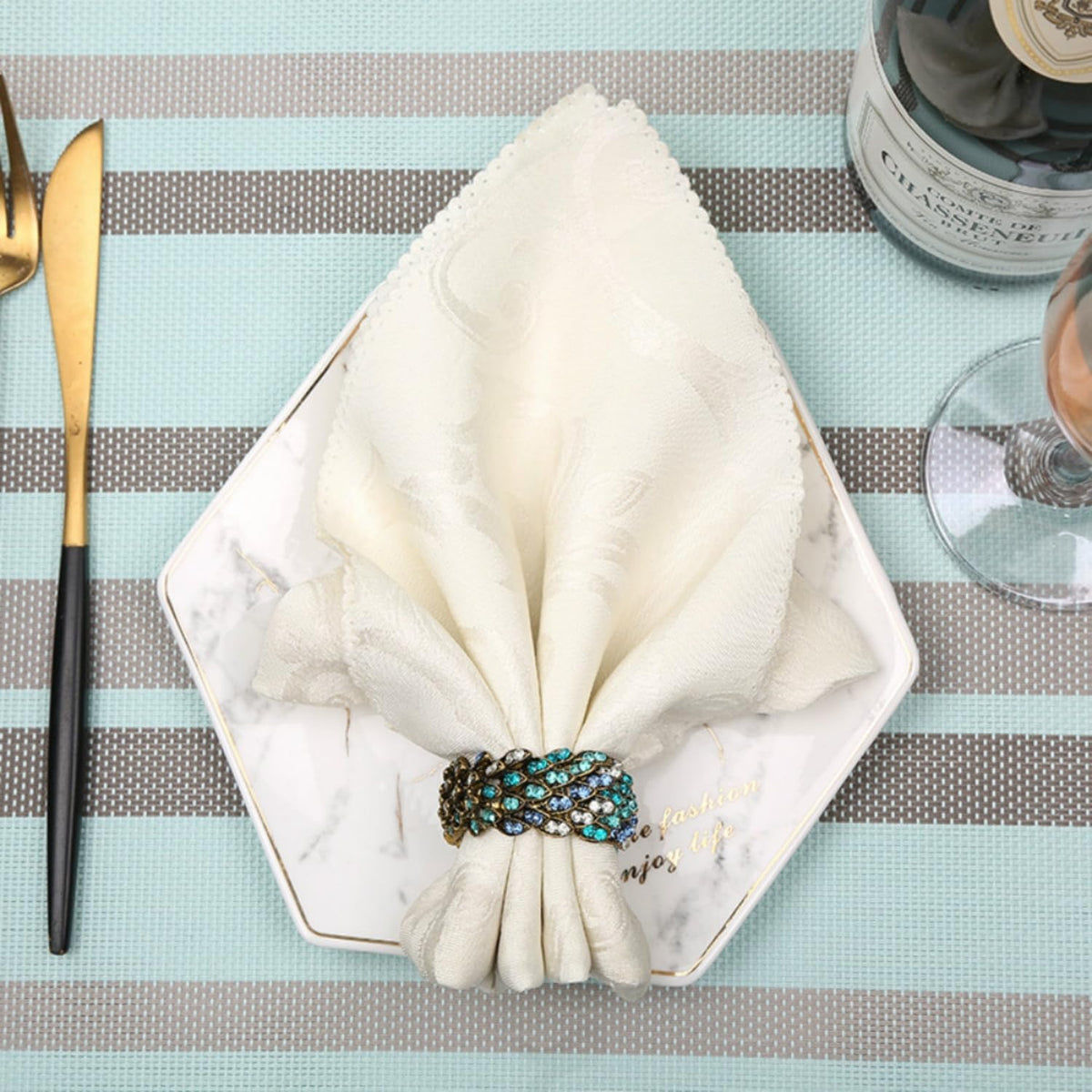 Jeweled Napkin Rings Set of 6 - Vintage Metal Crystal Rustic Peacock Napkin Ring Holders for