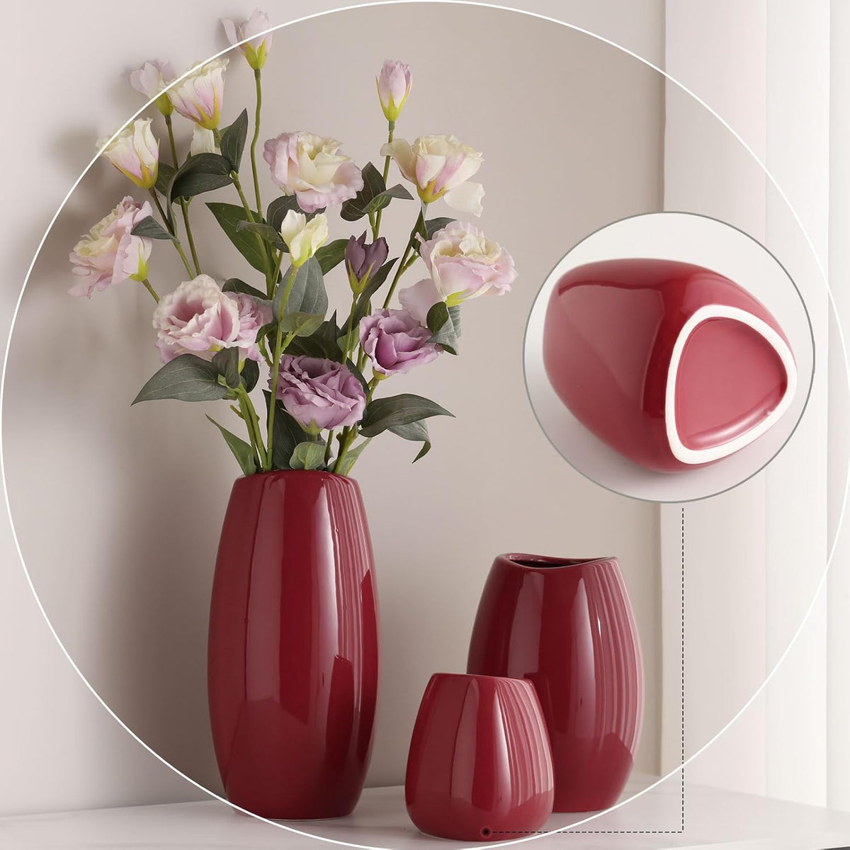 hjn Ceramic Vase Set of 3 Red Flower Vase for Home Decor, Modern Decorative Vase for Flowers Vases