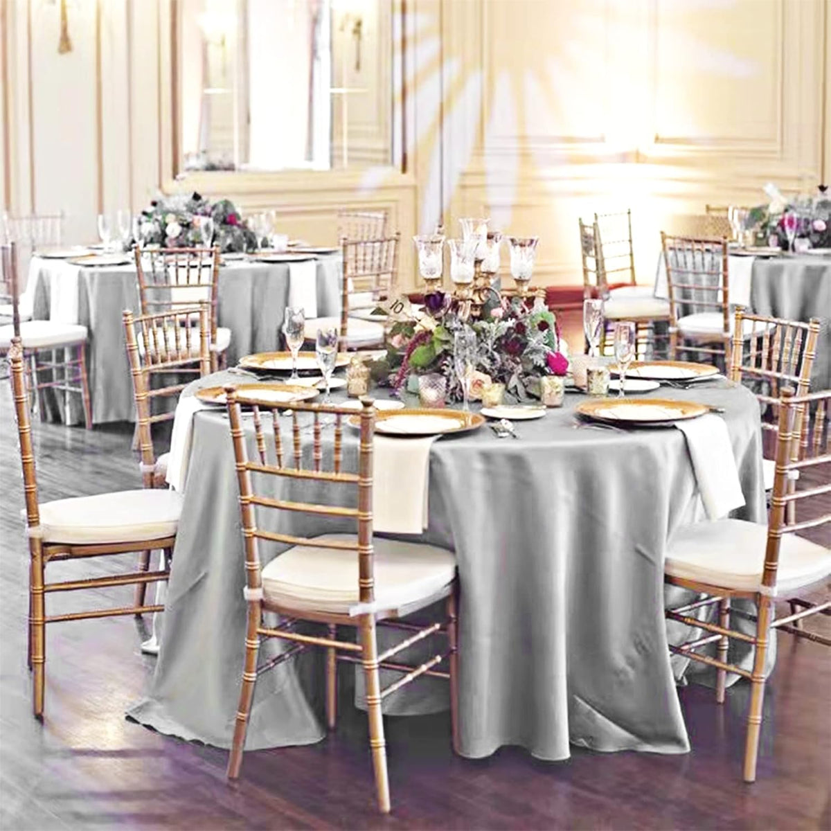 12 Pack 120 Inch Silver Satin Tablecloth - Premium Bright Silky Round Tablecloth Overlay Smooth