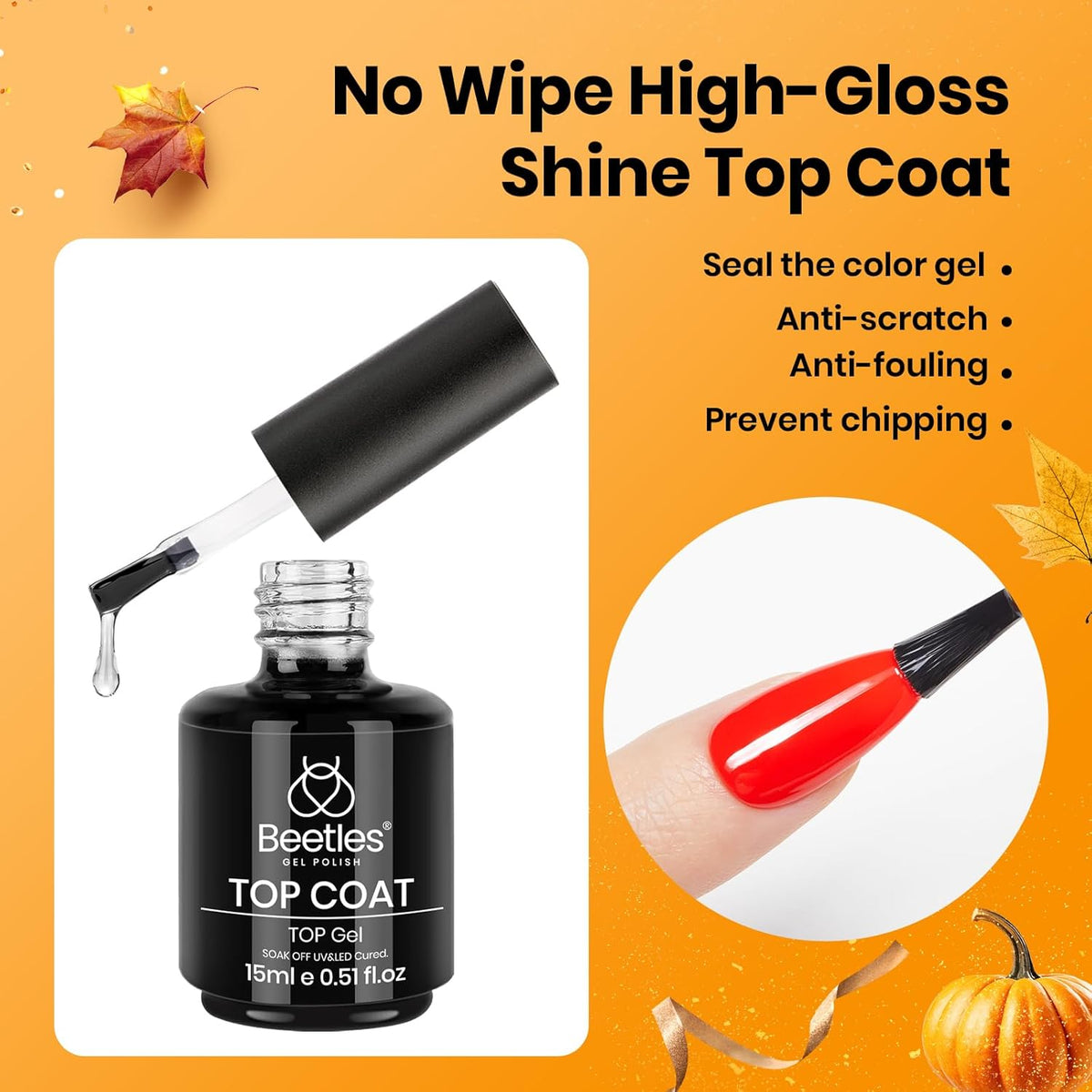Beetles 2 Pcs 15ml No Wipe Gel Top Coat and Base Coat Set - Shine Finish and Long Lasting, Soak Off