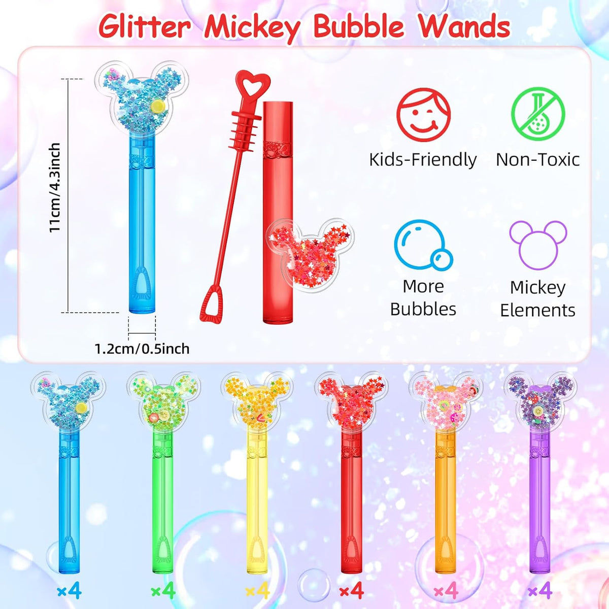 AFZMON 24 Glitter Mouse Ear Bubble Wands for Kids, Mouse Party Favors Mini Bubbles Birthday Gift