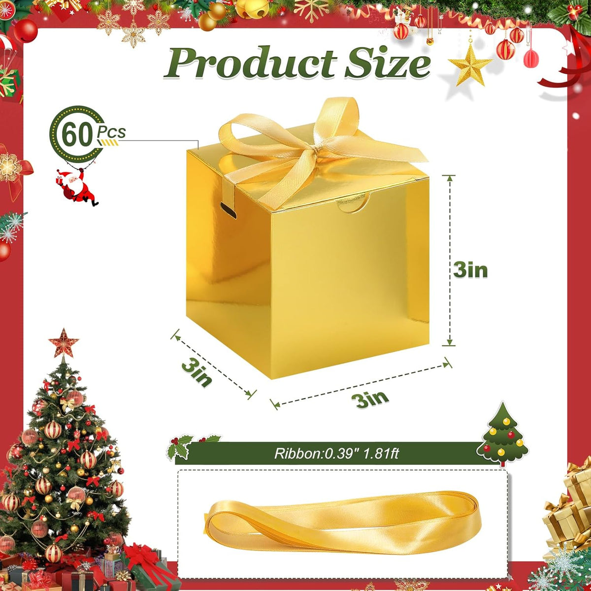 DOYIDE 60 Pcs Small Gift Boxes, 3x3x3 inches Kraft Paper Gift Box with Ribbons, Gold Candy Boxes