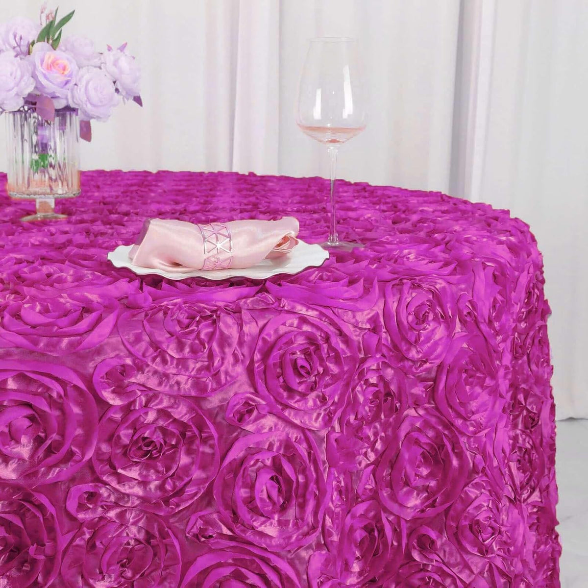 Efavormart 120" Wholesale Round Table Cover Fushia Grandiose Rosette 3D Satin Tablecloth for