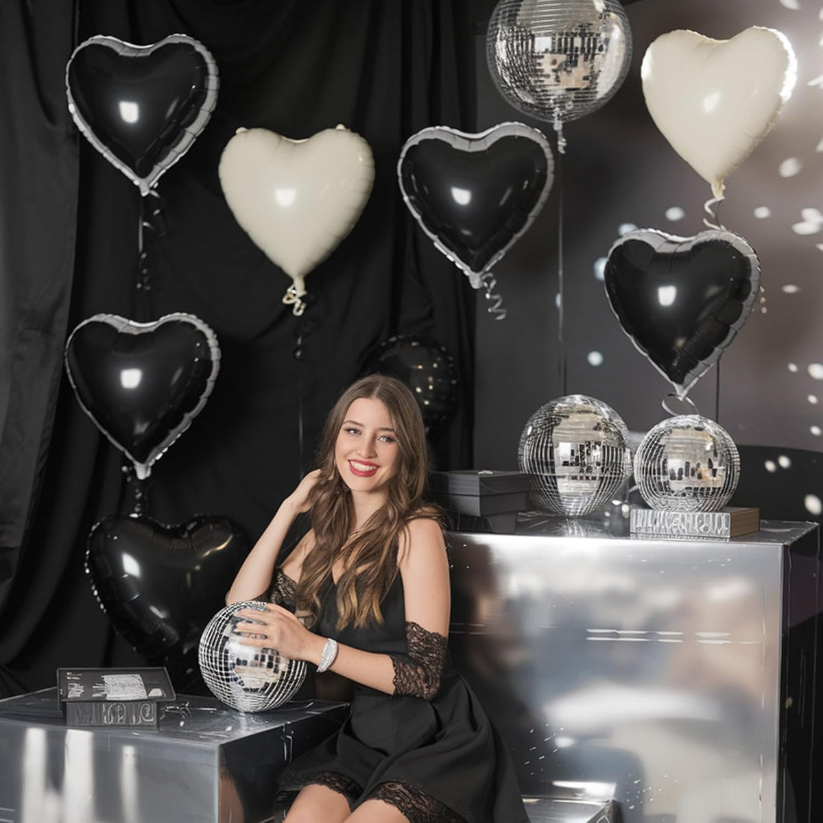 Black White Heart Balloons, 18 Inch Black and Cream White Heart Shape Balloon, 12PCS White Sand