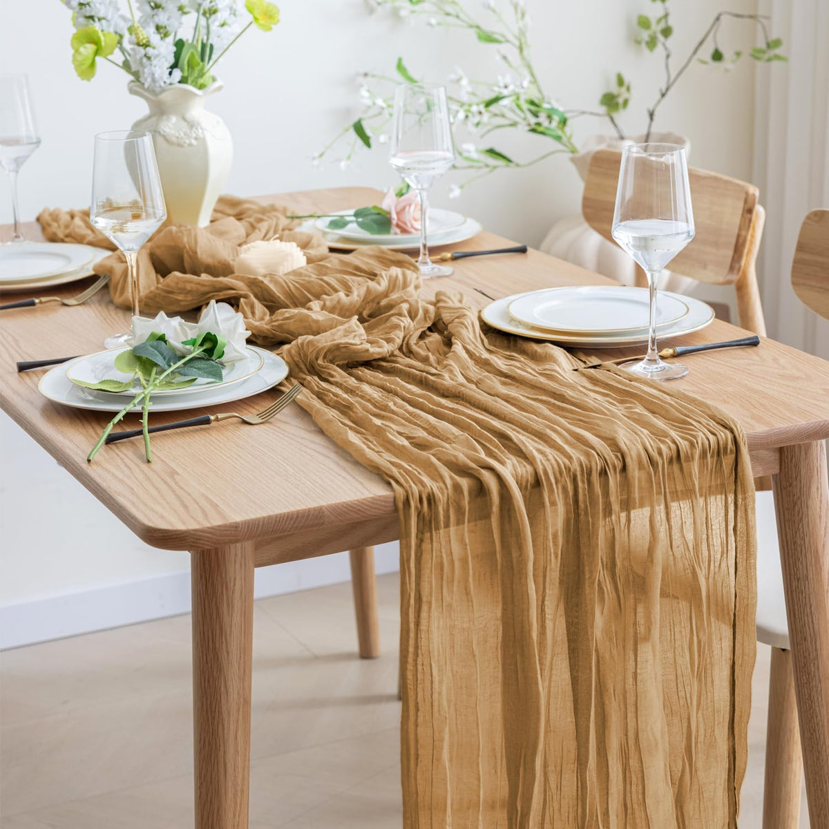 Asee'm 12pcs Cheesecloth Table Runner 120 Inches Long Khaki Boho Gauze Cheese Cloth Runner 10FT