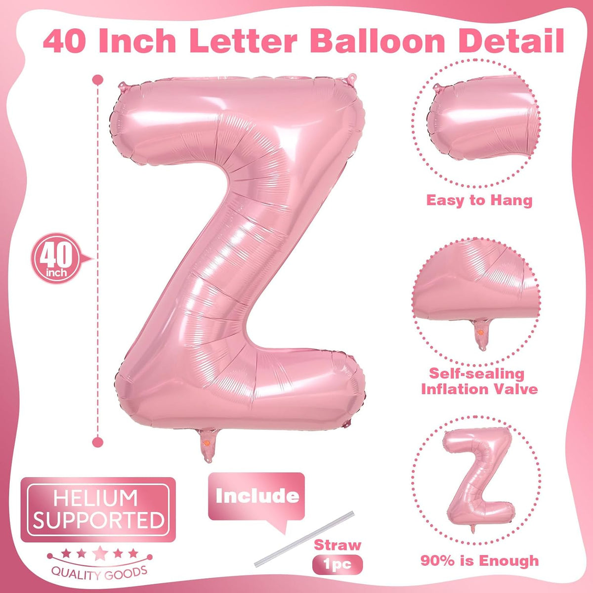 Z Letter Balloon Pastel Pink, 40" Alphabet Foil Word Balloons, Large Inflatable Light Pink Balloon