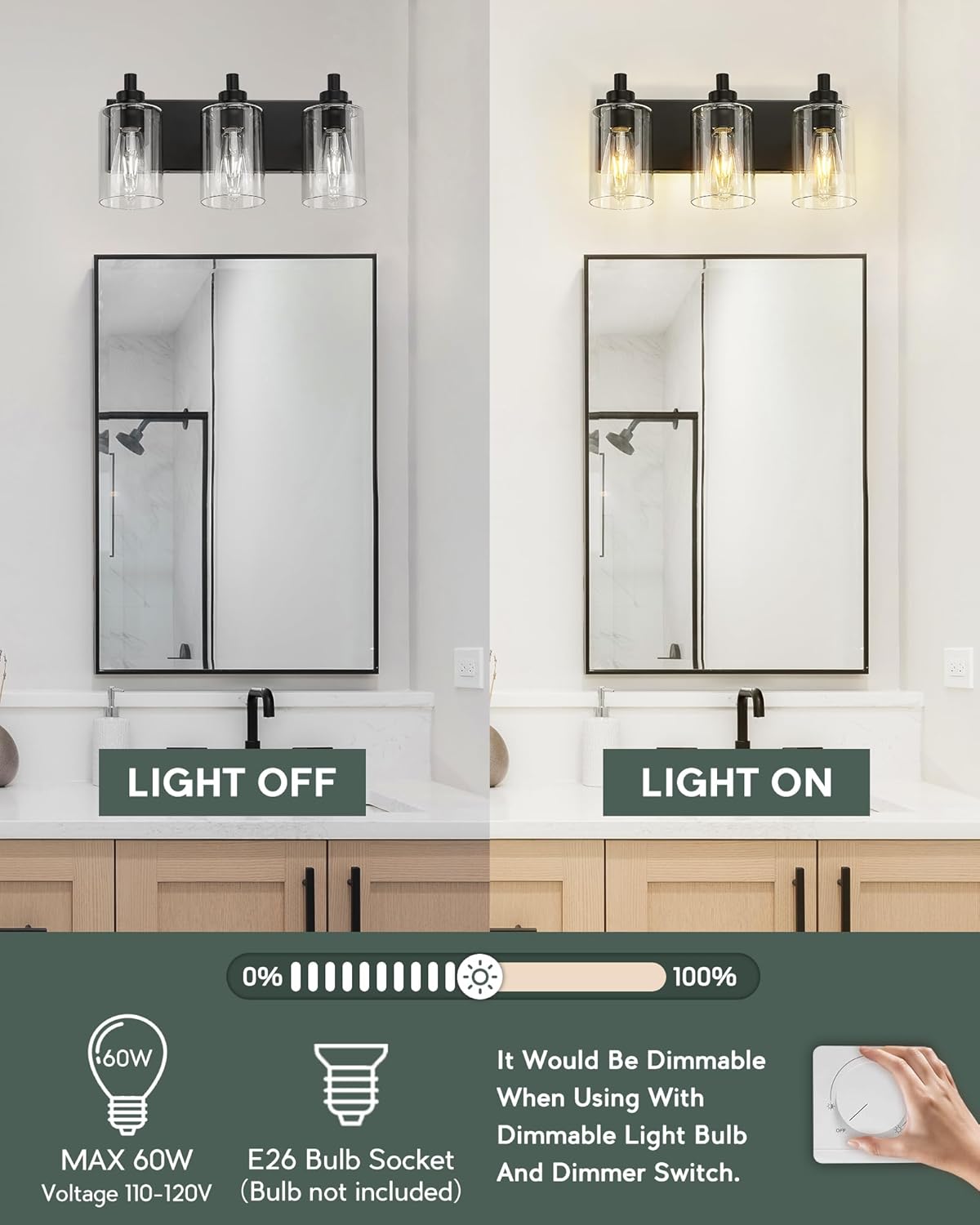 3-Light Bathroom Light Fixtures, Black Vanity Light with Cylinder Clear Glass Shade, Modern Vanity
