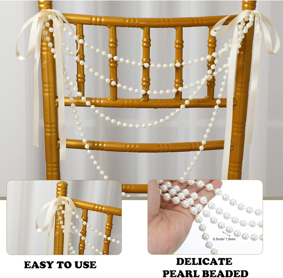 32 Pcs Wedding Pearl Bow Chair Decor Satin Ribbon Bows with Pearl Beaded String Garland Aisle Chair