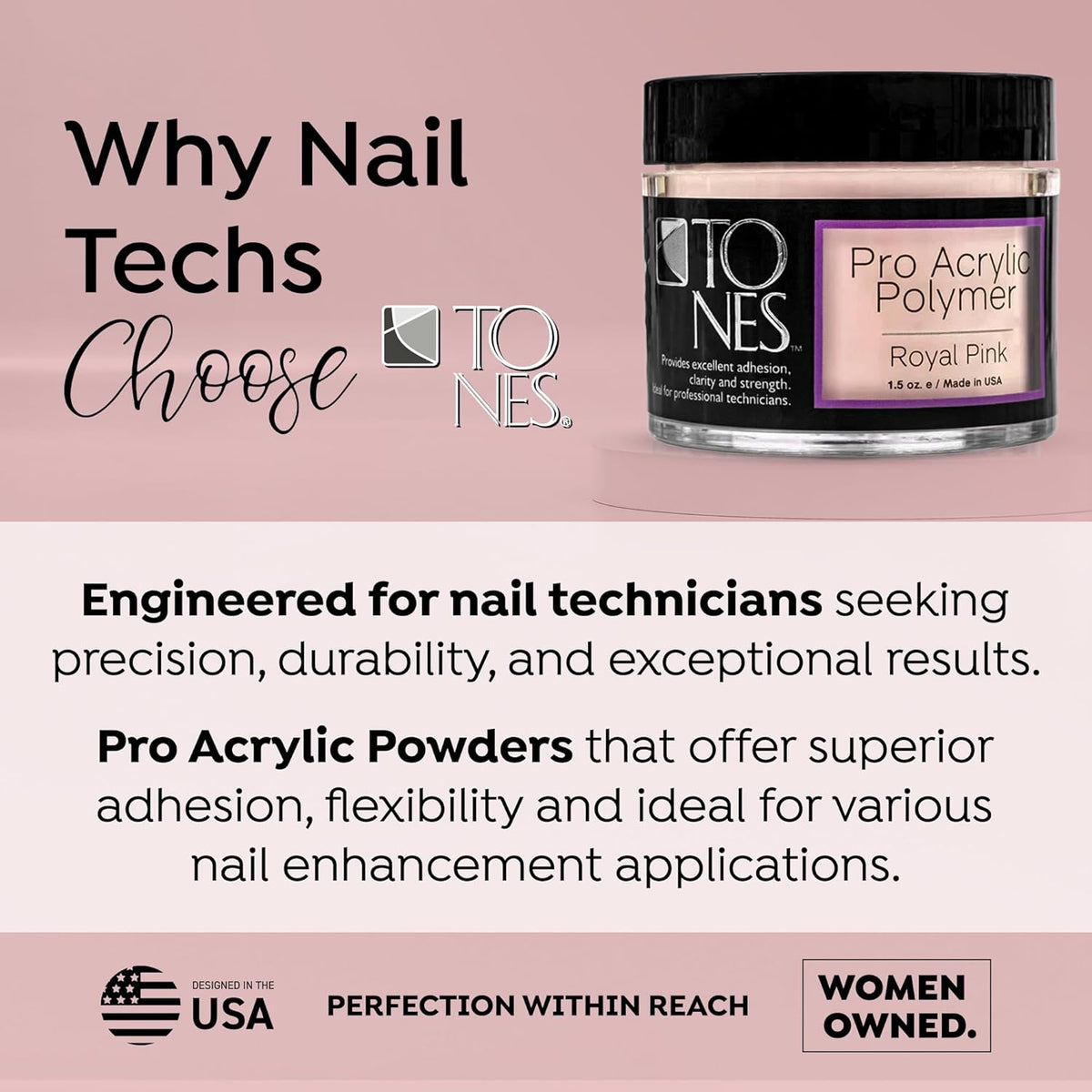 Tones Pro Acrylic Nail Powder, Royal Pink (Soft, Creamy Pastel Pink), (3.5 Fl Oz) - Long-Lasting &