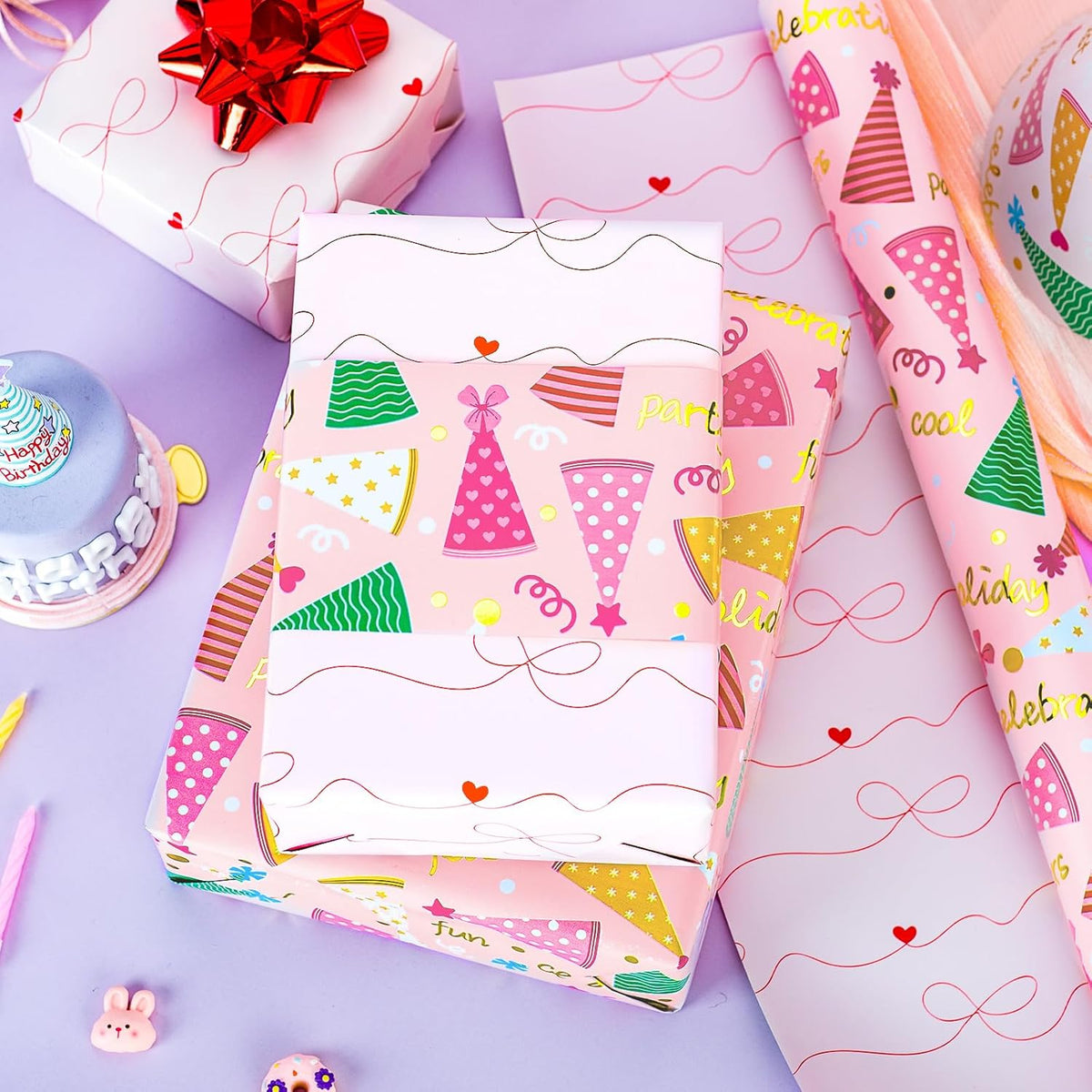 Yarcony Pink Birthday Wrapping Paper for Girl Women, Metallic Foil Girly Party Hat, Bow Design