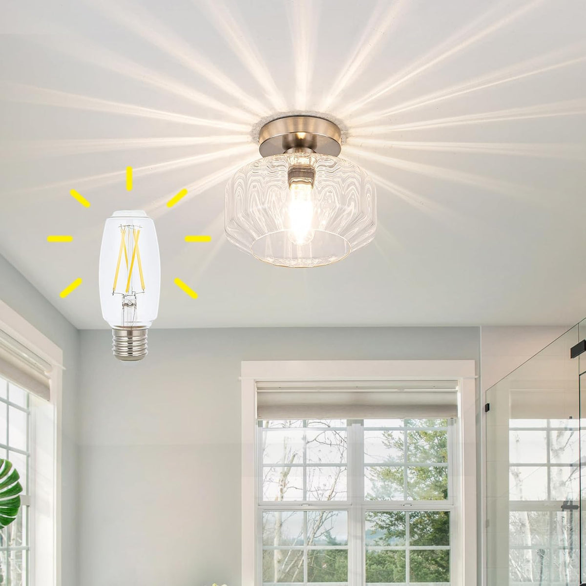 Brushed Nickel Semi Flush Mount Ceiling Light Fixture with Textured Glass & Included 1200 Lumens
