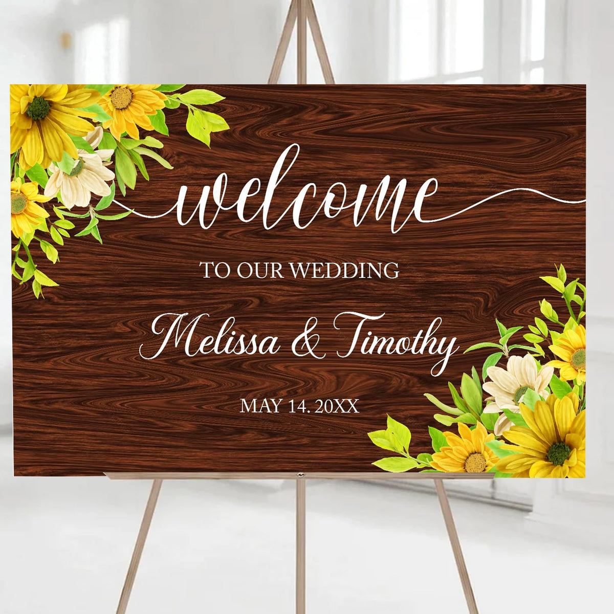 Rustic Sunflower Wedding Welcome Sign Template, Printable Wood-Inspired Welcome Sign with