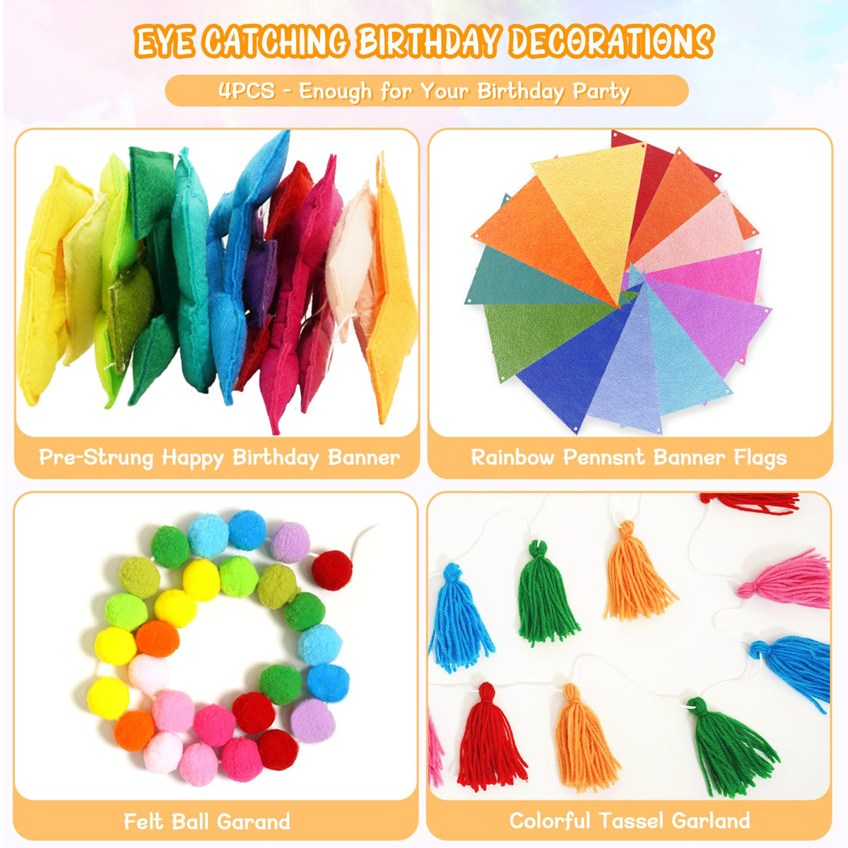4PCS Pre-Strung Happy Birthday Banner - Felt Happy Birthday Garland, Ball Garland, Felt Pennant