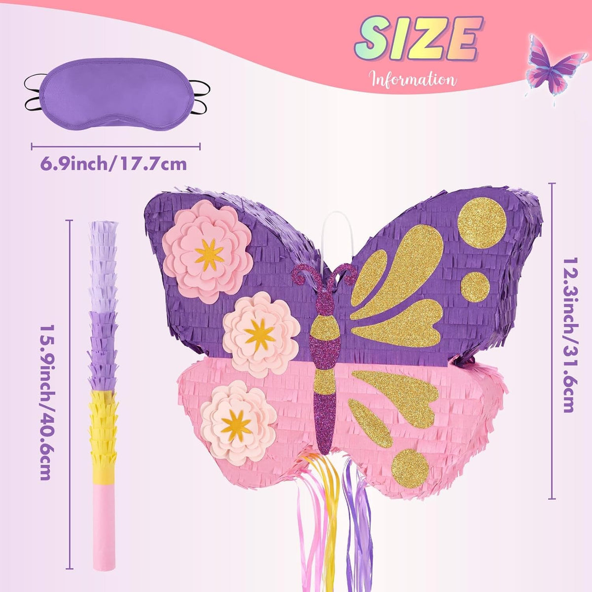 WERNNSAI Butterfly Piñata - Butterfly Birthday Party Supplies Pinata with Stick and Blindfold for