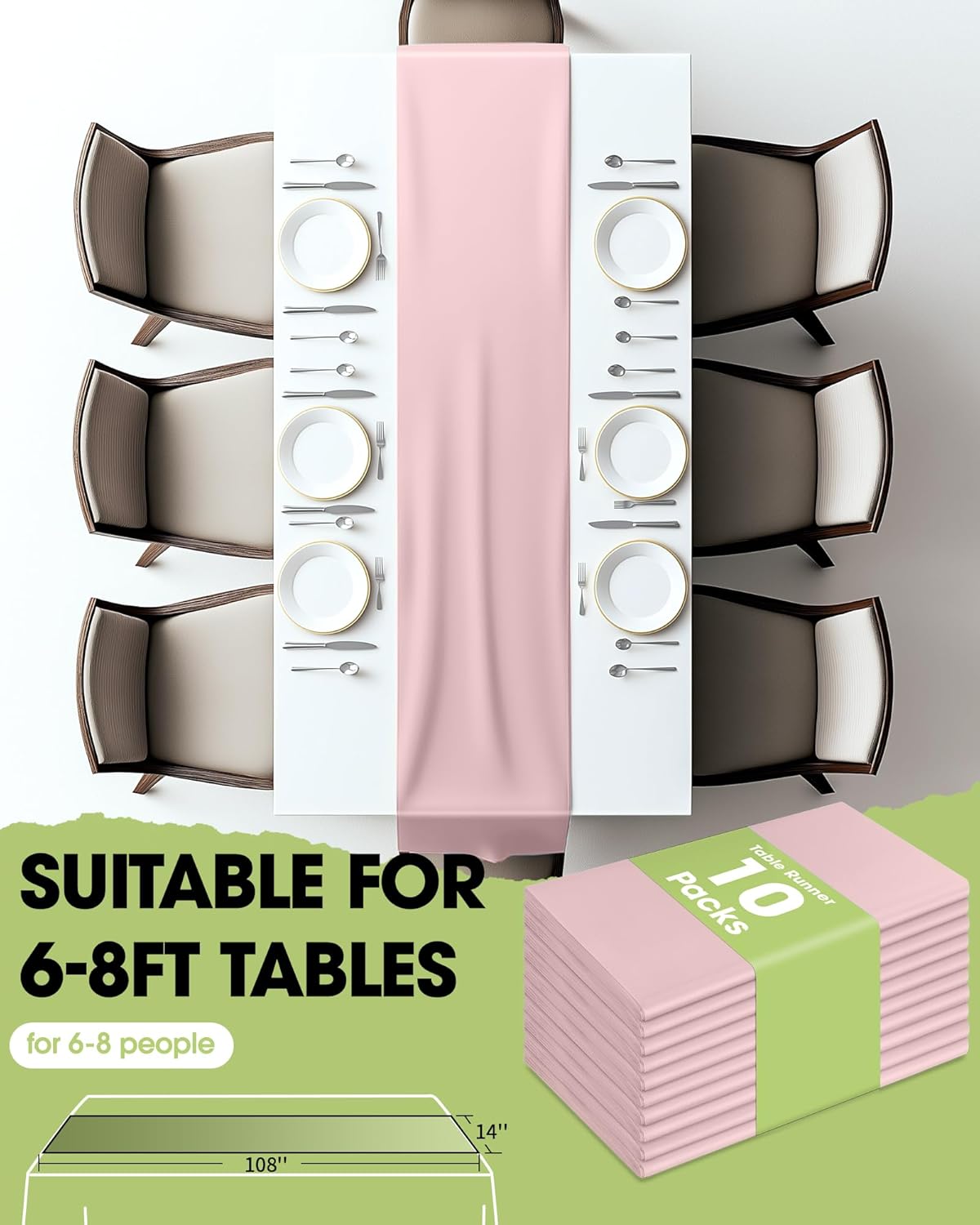 Pureegg Dusty Pink Plastic Table Runners - 10 Pack, 14'' x 108'', Water Resistant & Disposable