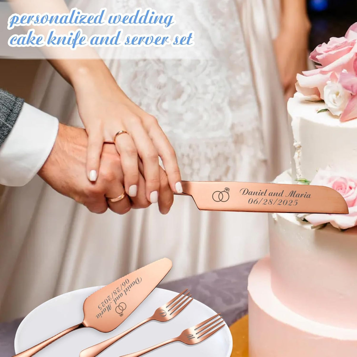 Personalized Wedding Cake Knife and Server Set, Custom Names Cake Cutting Set with Stainless Steel