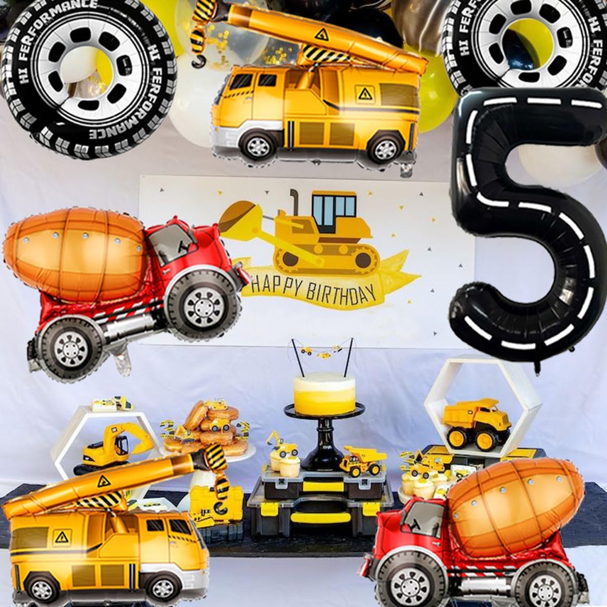 Construction Balloons 5rd Birthday Decorations for Boys 40inch Number 5 Balloons Truck Foil Balloon