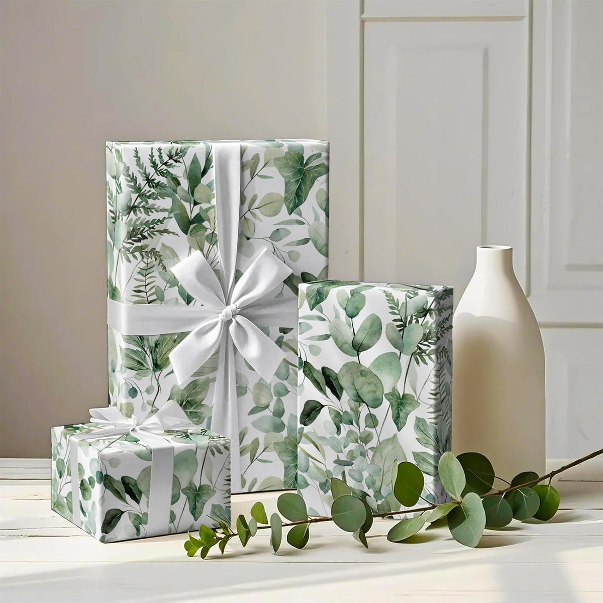 WRAPAHOLIC Eucalyptus Leaves Wrapping Paper Roll - Mini Roll - 17 Inch x 33 Feet - Greenery