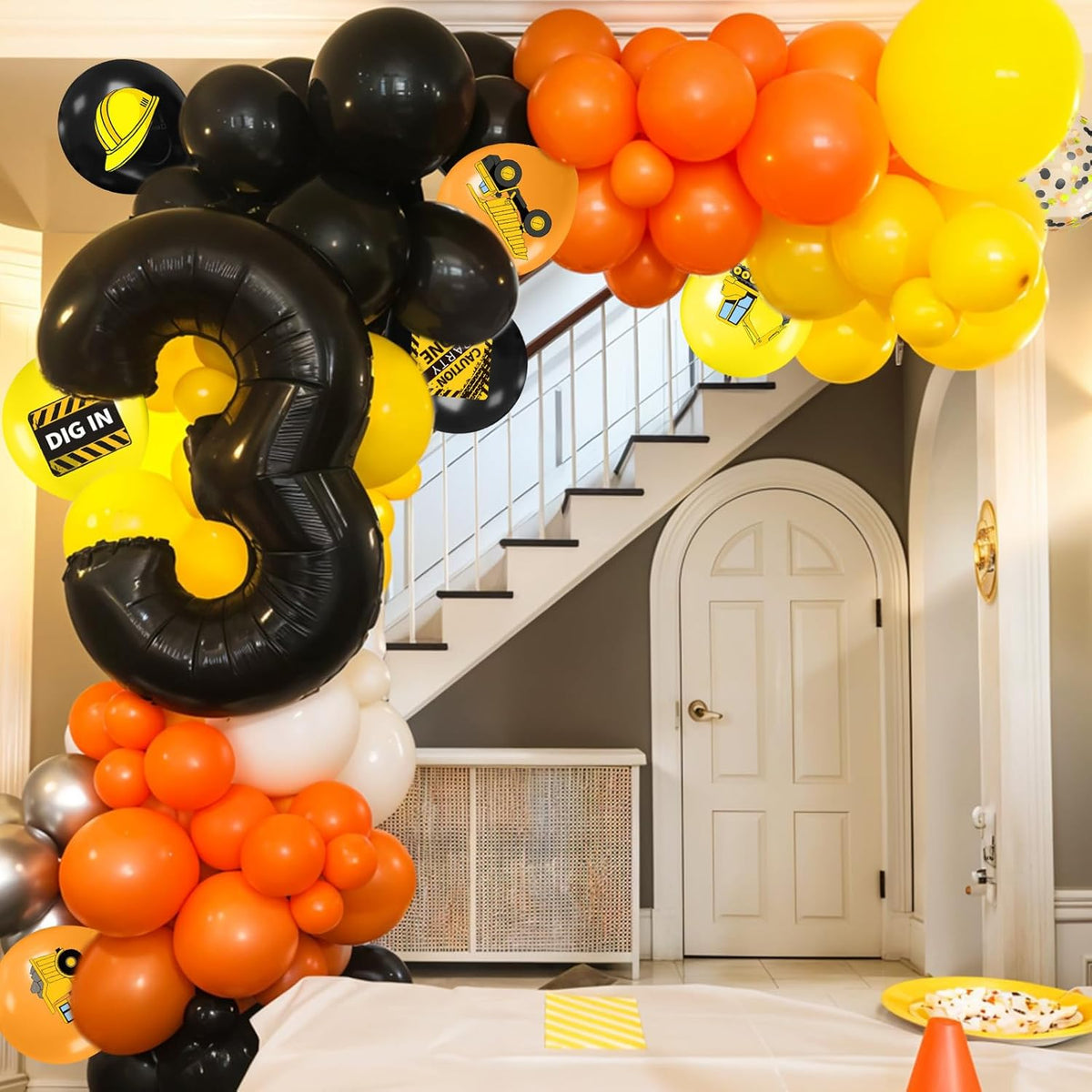 Construction Balloons, 12 Inch Black Yellow Orange Truck Printed Confetti Balloons for Boy Birthday