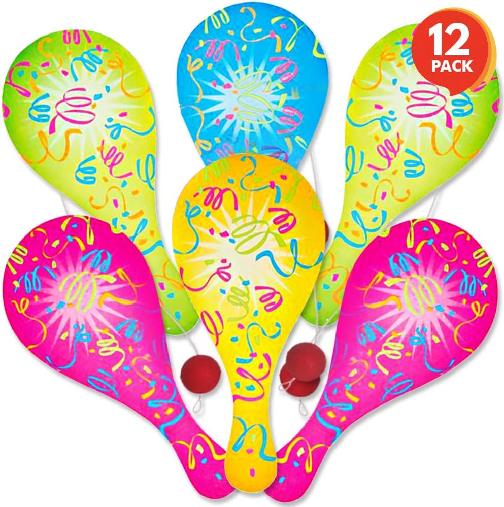 ArtCreativity Neon Paddle Balls, Pack of 12, 9.25 Inch Plastic Paddleball with String, Assorted