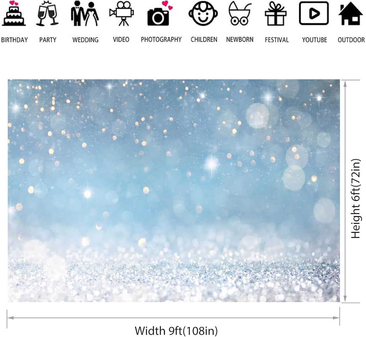 9x6ft Blue Bokeh (Not Glitter) Backdrops Birthday Party Abstract Golden Sparkling Spots Photography