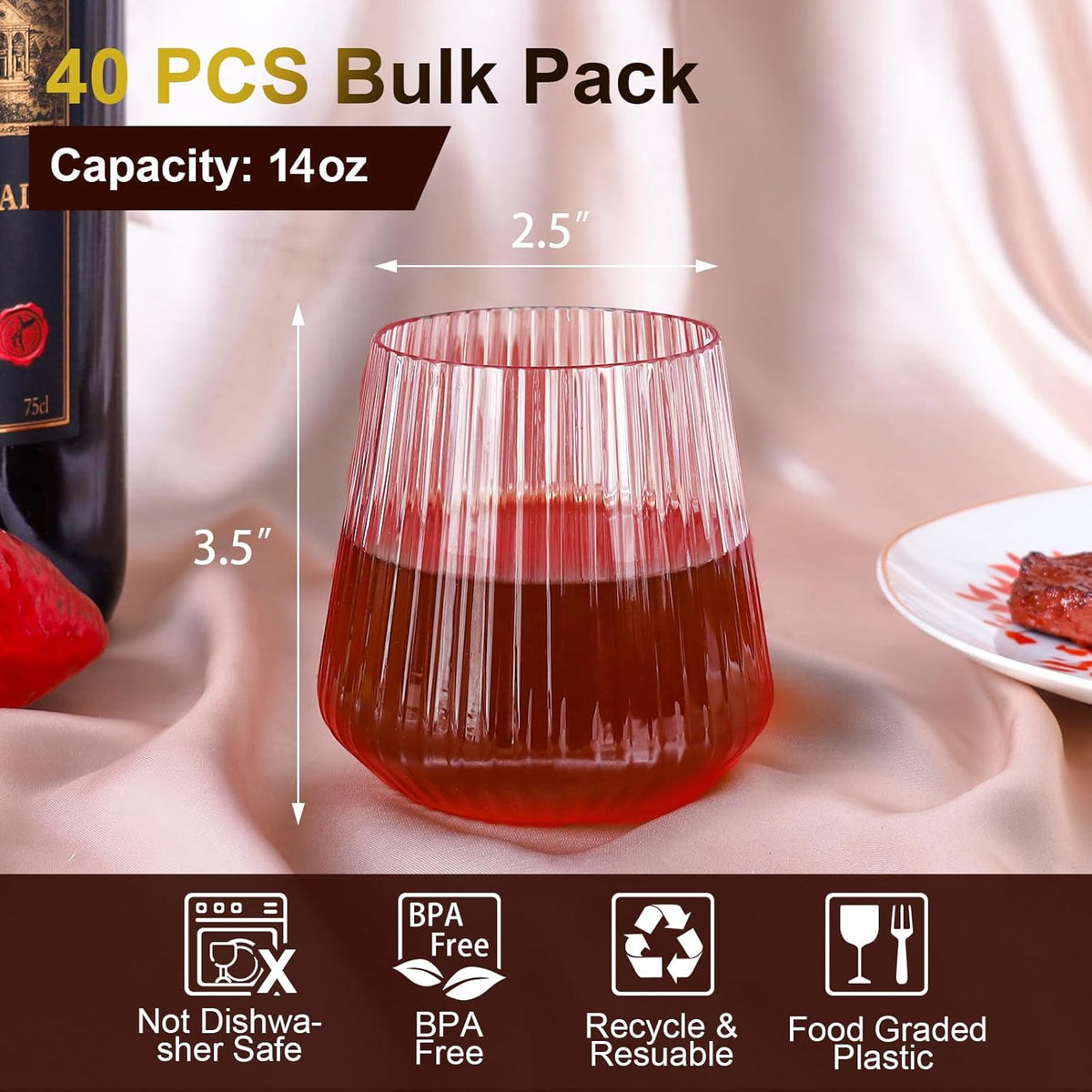 40 Pack Plastic Ribbed Wine Glasses, 14Oz Origami Disposable Wine Glasses Unbreakable Clear Plastic