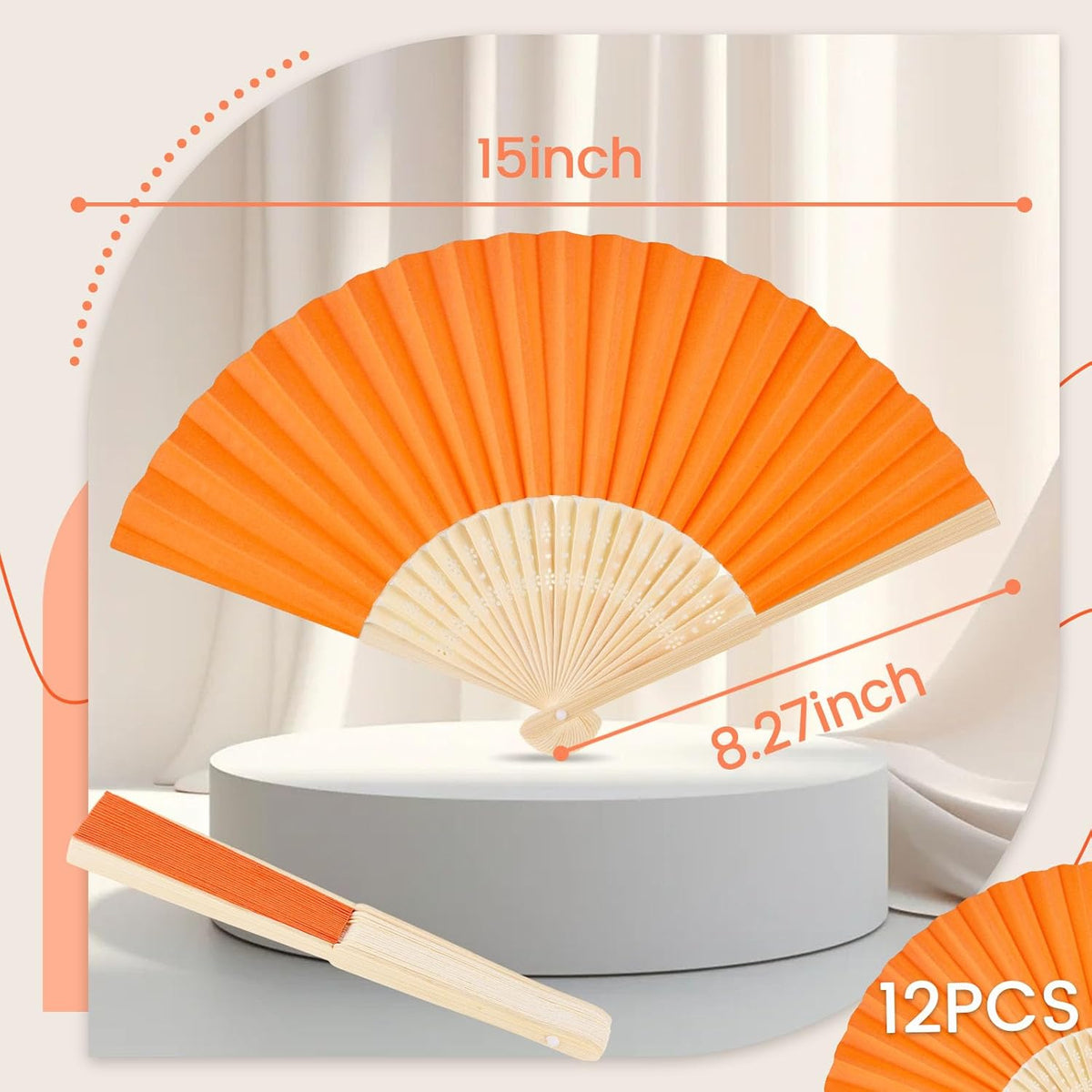 JOHOUSE 12 Packs Paper Folding Hand Fans, 8.3 Inch Orange Paper Fans Handheld Decorative