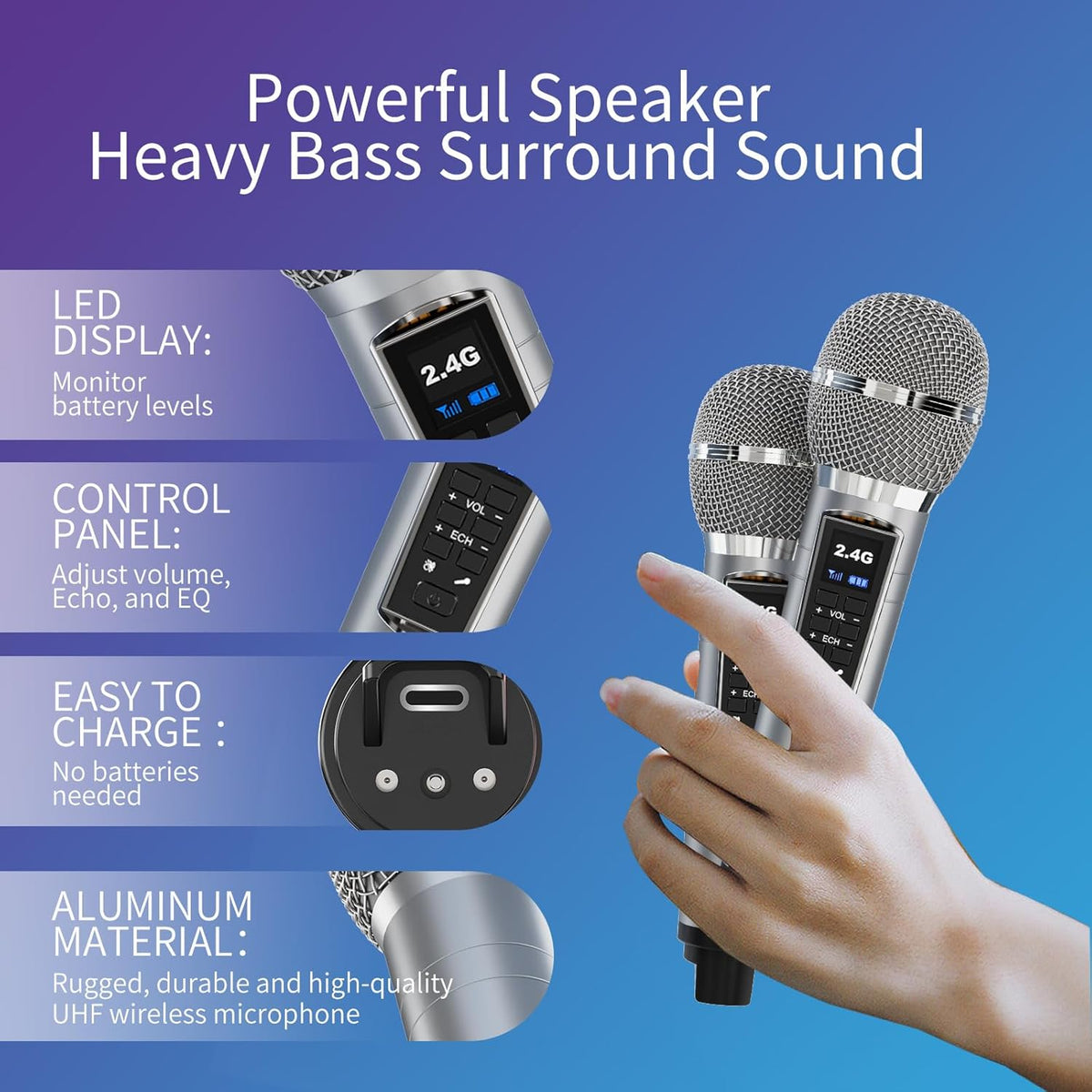 Karaoke Machine for Adults and Kids with 2 UHF Wireless Microphones,Portable Bluetooth Speaker PA