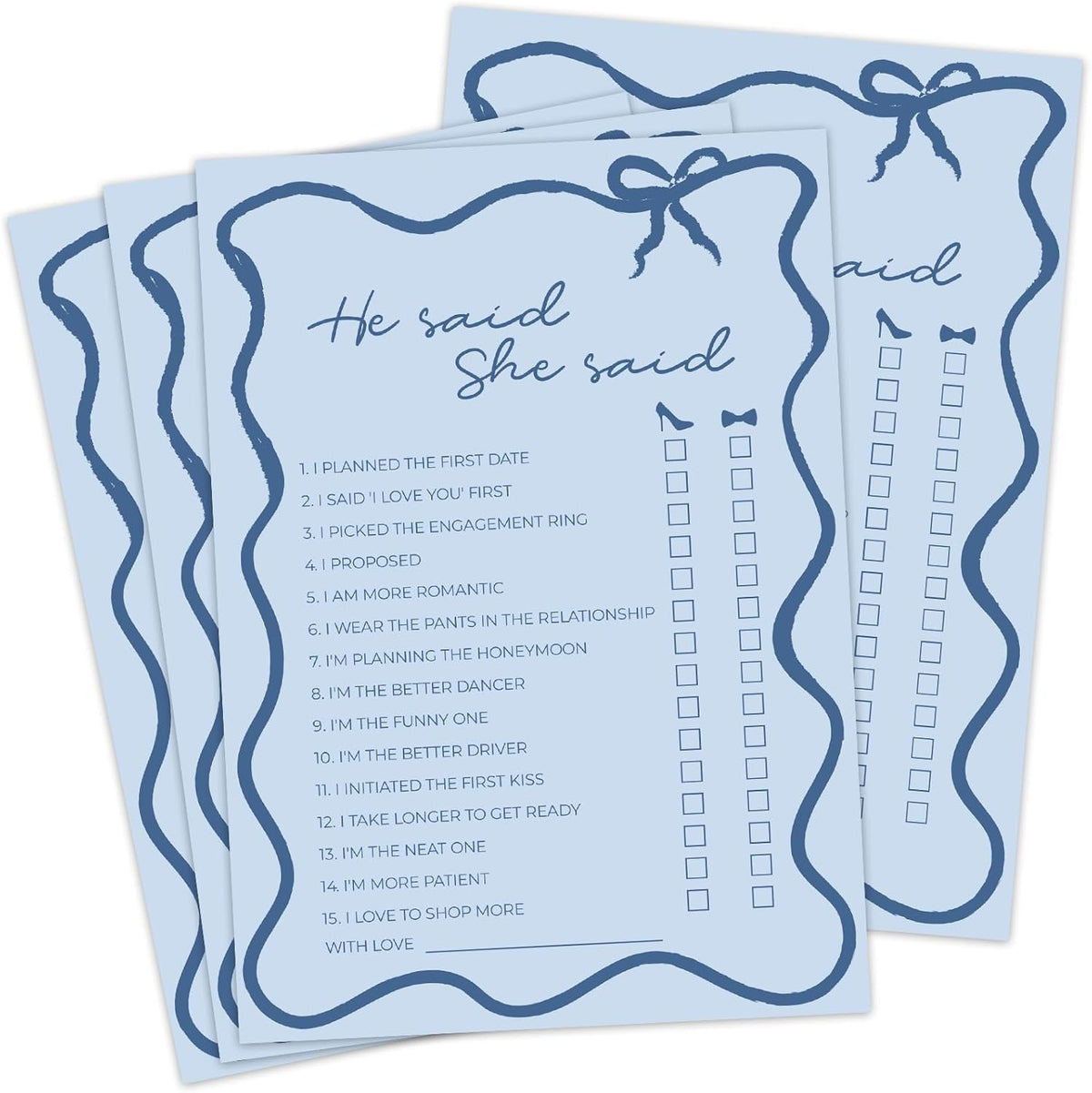 DEEKA 30 PCS Bridal Shower Games Card for 30 Guests Blue Wavy Border Ribbon Bow Funny Wedding