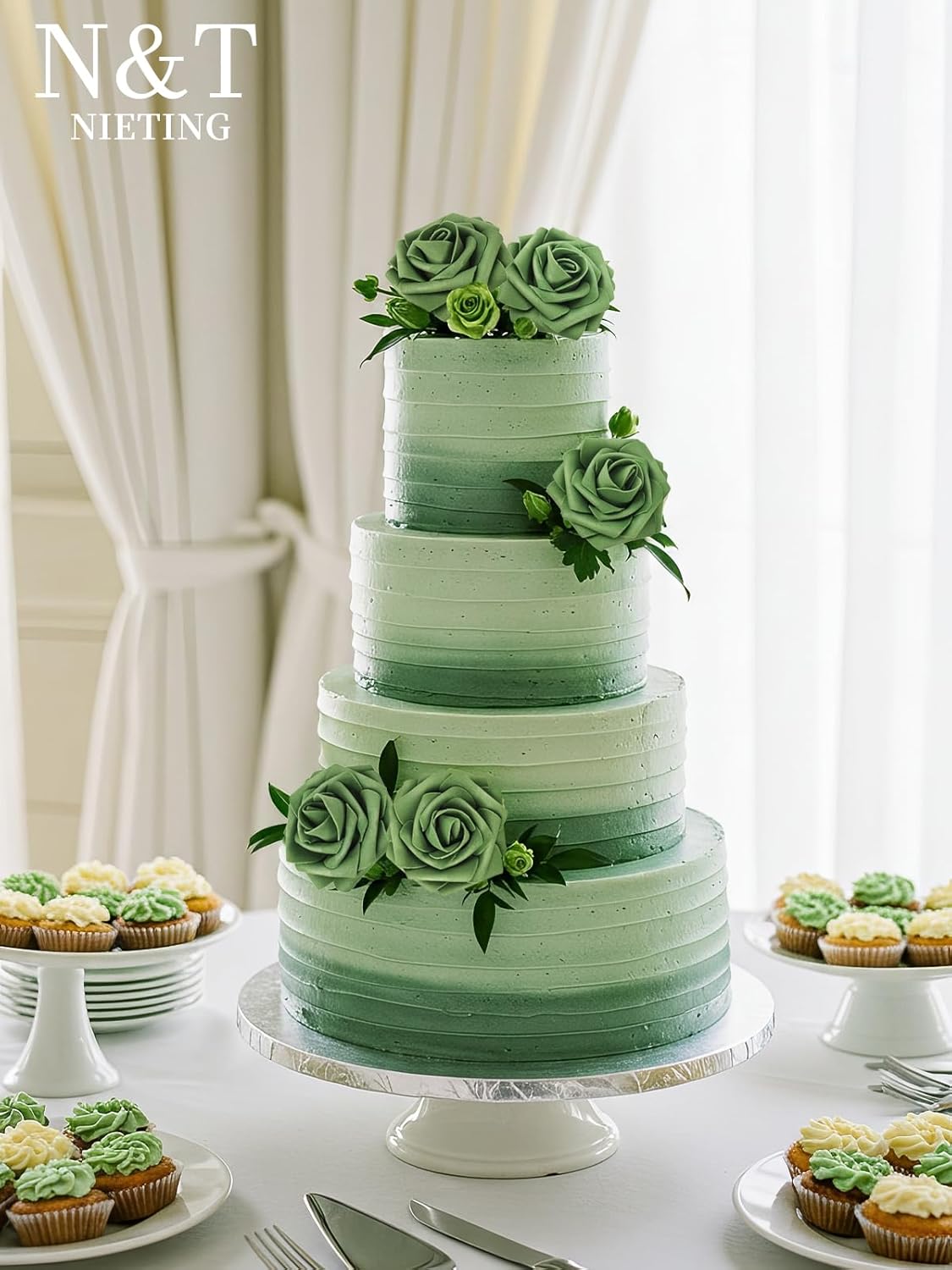 N&T NIETING Artificial Flowers Roses Army Green Foam Rose 50pcs Fake Flowers with Stem for DIY