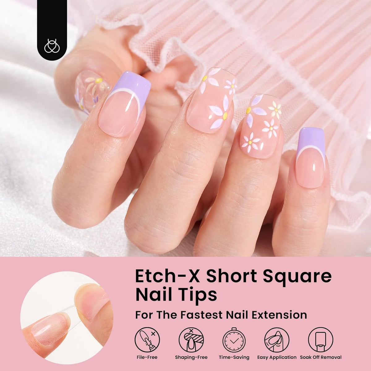 Beetles Gel Nail Tips Etch-X, Square Short, 576Pcs 12 Sizes, Pre-Shaped Half Matte Full Cover Soft