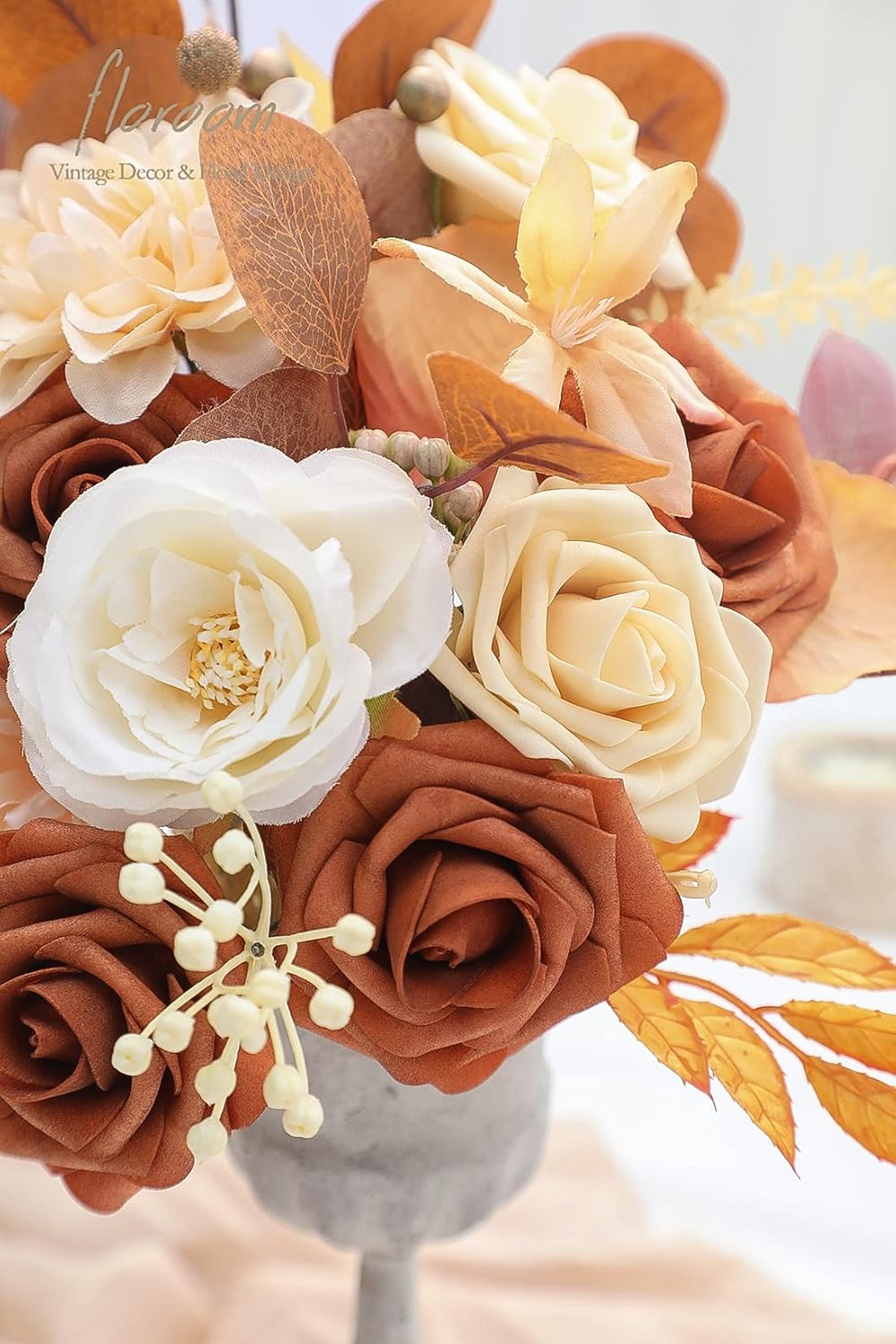 Floroom Artificial Flowers 25pcs Real Looking Burnt Orange Foam Fake Roses with Stems for DIY