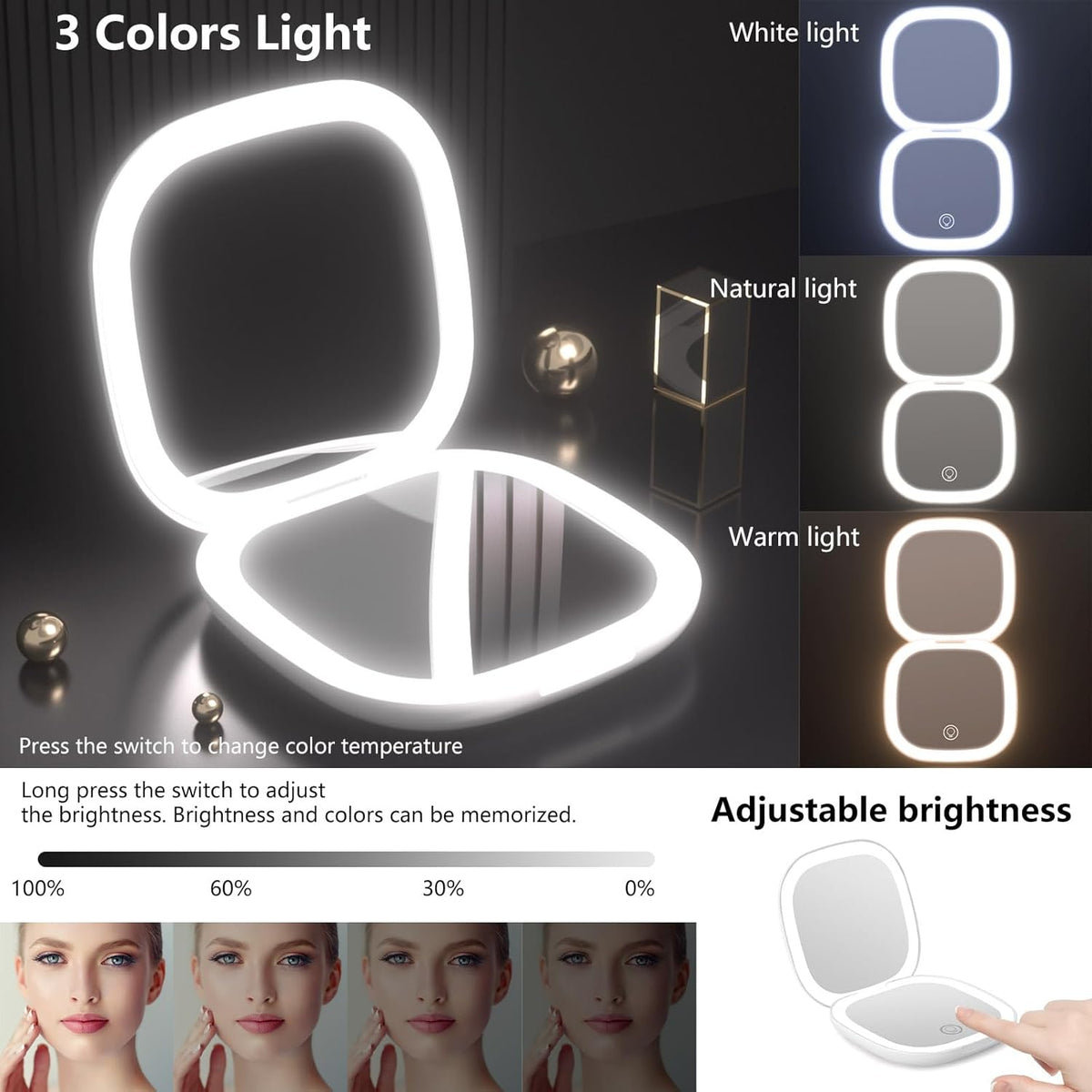 Compact Mirror with Light,15X Magnifying Travel Mirror for Purse, Dual LED Pocket Mirror with 3