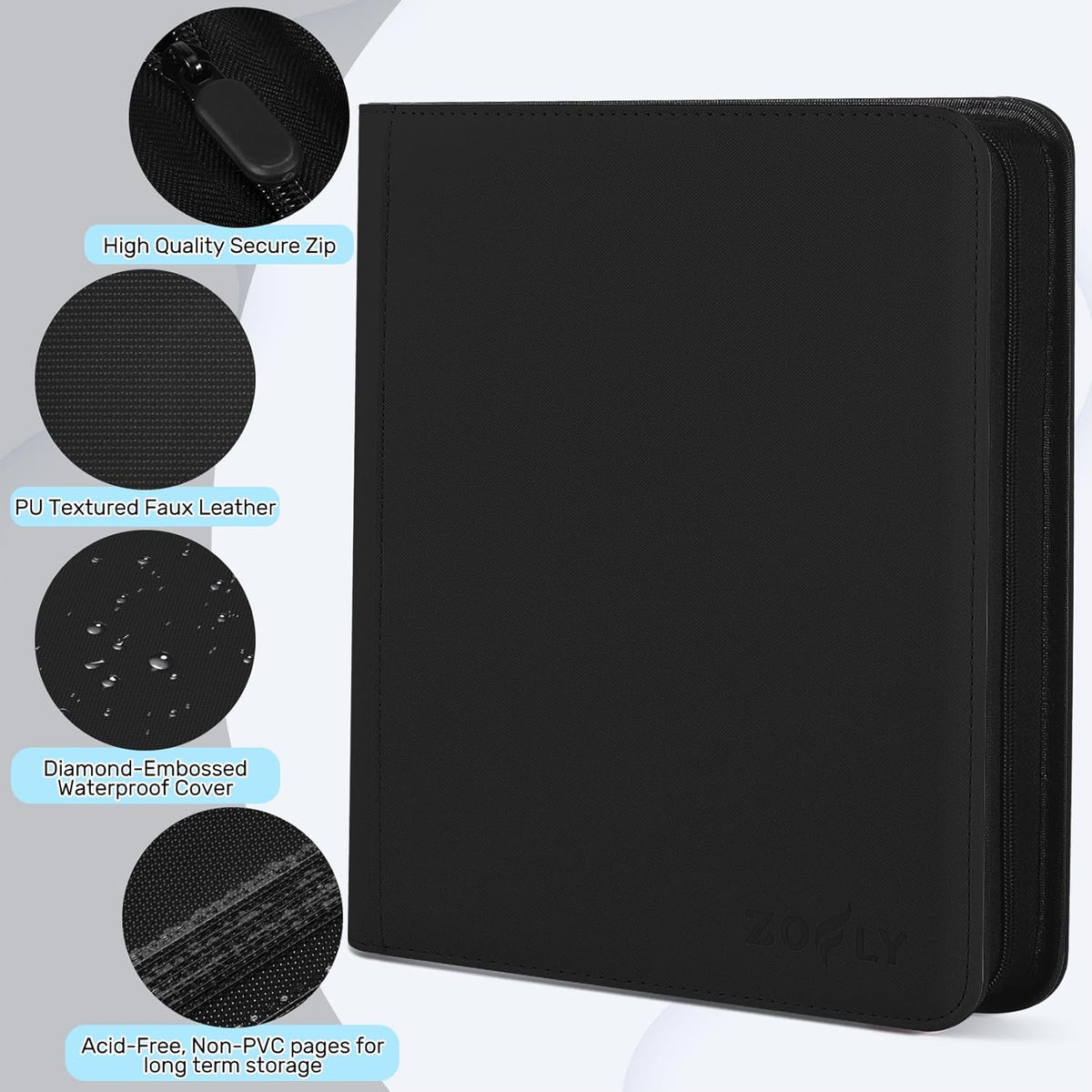Trading Card Binder 12 Pocket, Zipper Binder Card Album Holds 720 Cards, 30 Pack Acid-Free Pages