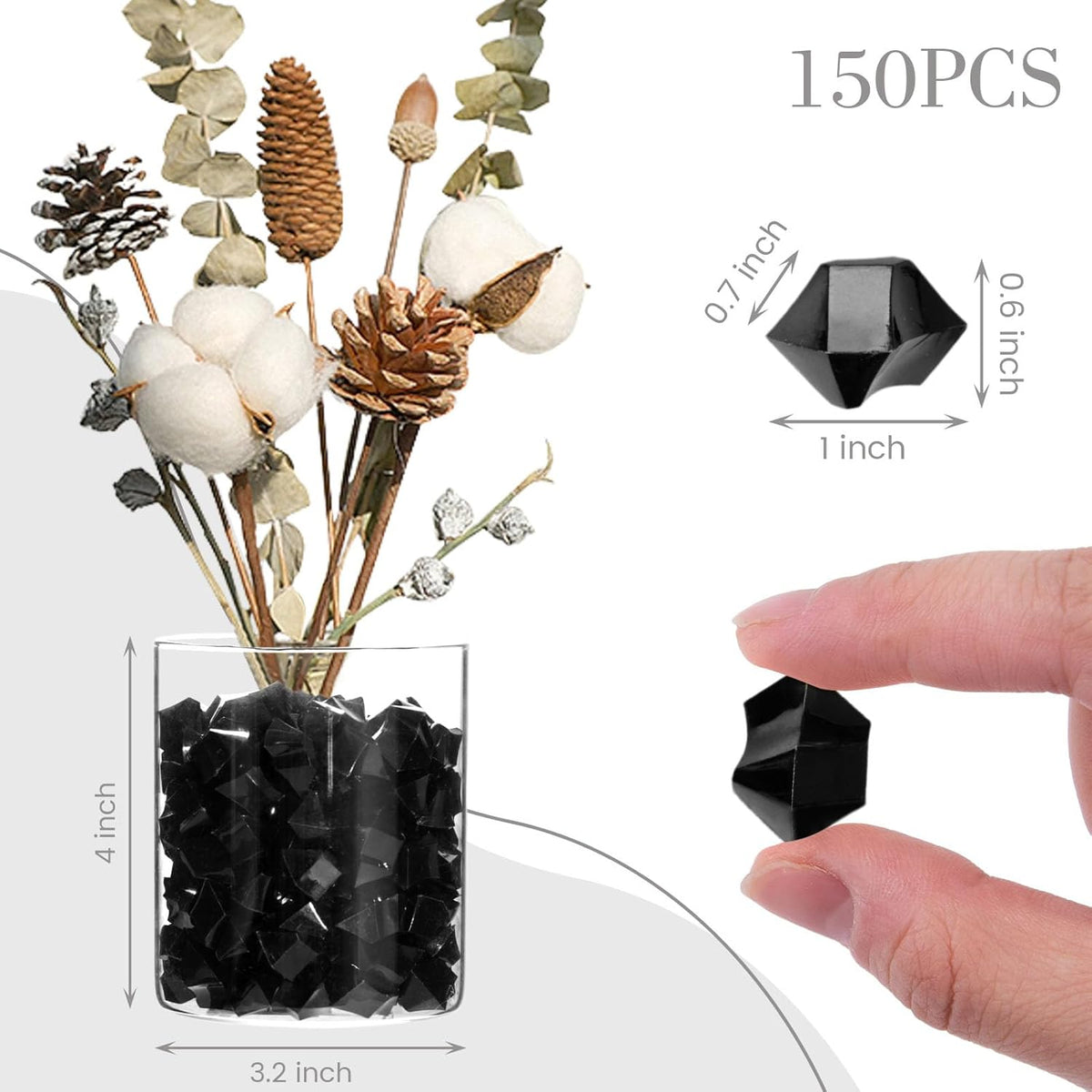 DomeStar Black Fake Ice, 150PCS Acrylic Fake Diamonds, Vase Fillers Black Plastic Gems Marbles for