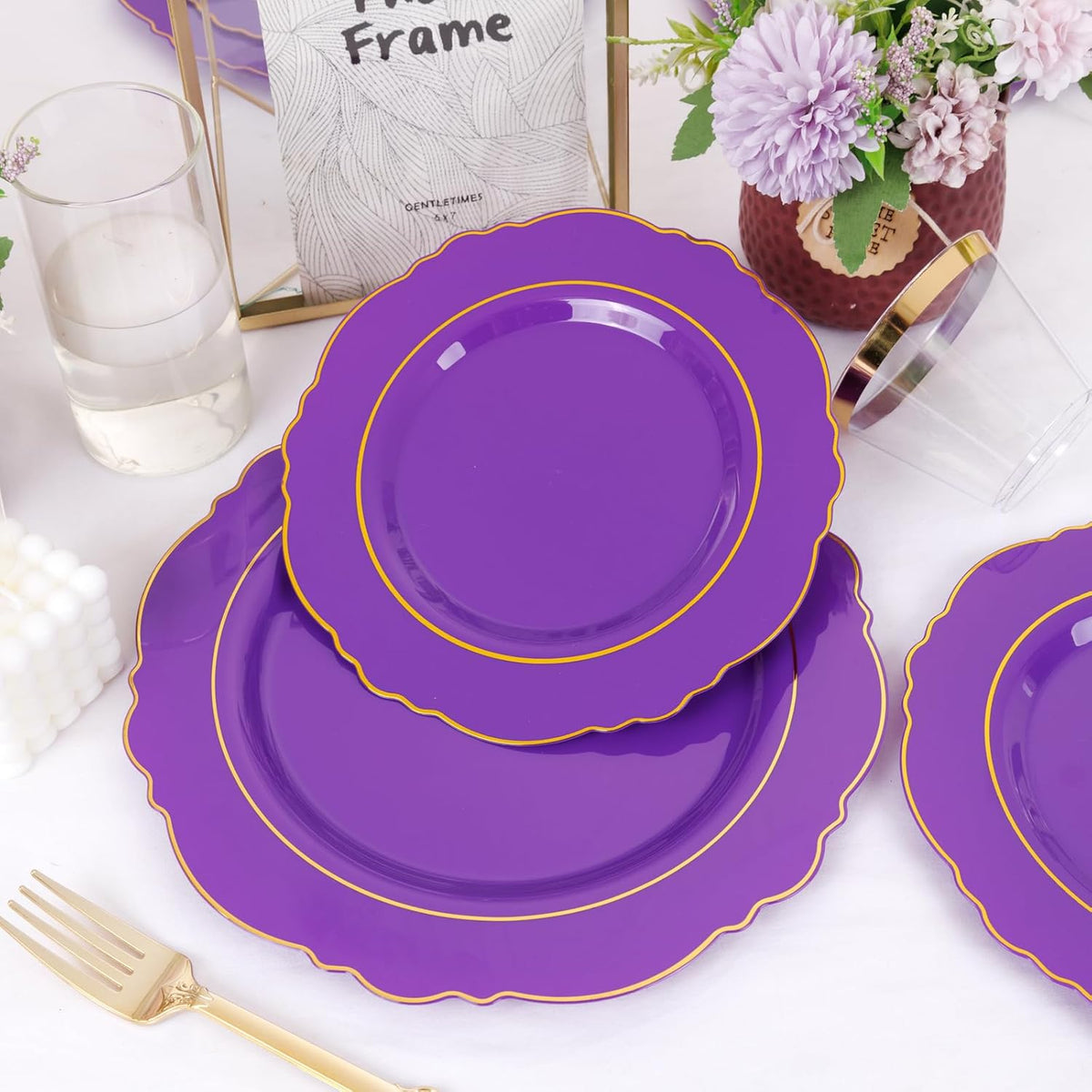 Liacere 350PCS Purple Plastic Plates-Disposable Purple and Gold Plates 50 guest Baroque Plastic