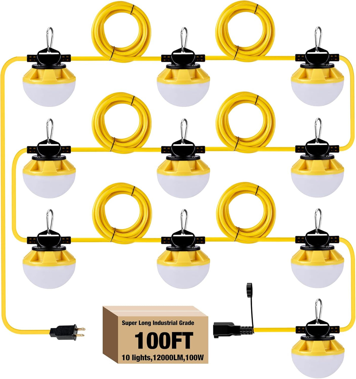 100FT Construction String Lights, IP65 Waterproof ETL Certified LED String Work Lights, 5000K