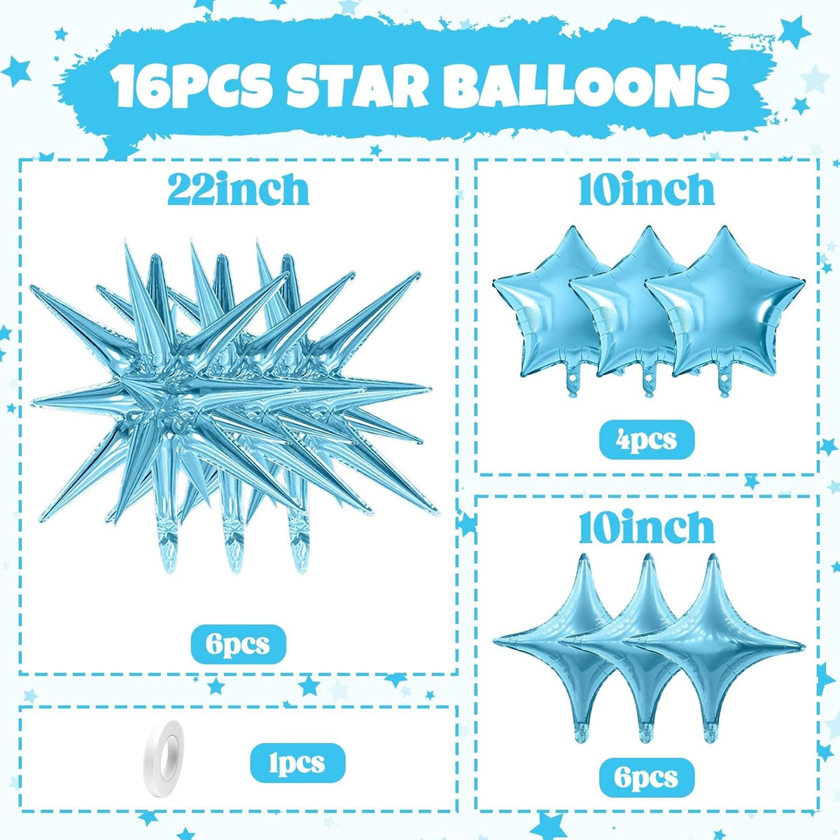 Blue Star Balloon,16Pcs Light Blue Star Foil Balloons Set with 22Inch Explosion Spike Cone Balloons